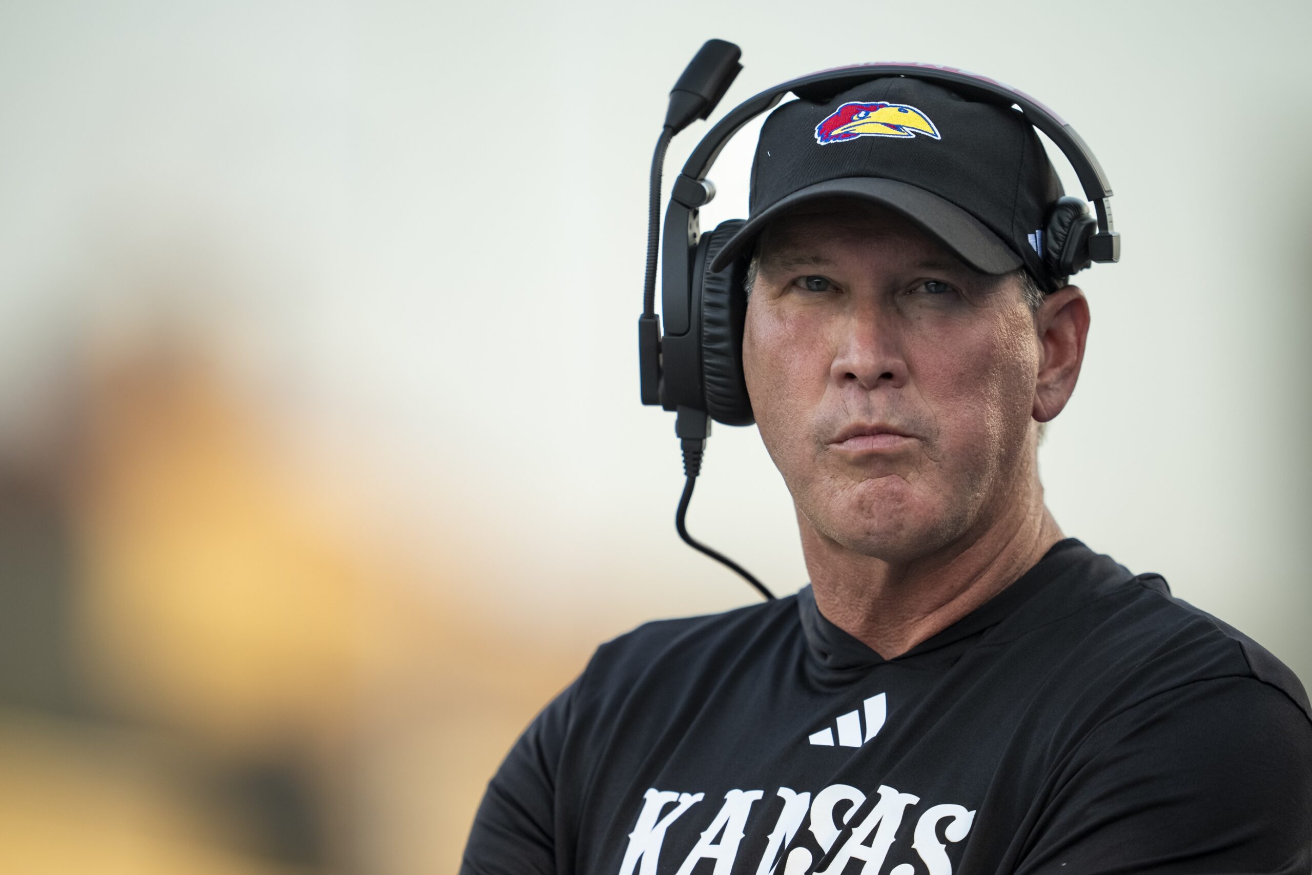 Sep 8, 2023; Lawrence, Kansas, USA; Kansas Jayhawks head coach Lance Leipold looks on from the sideline during the first half against the Illinois Fighting Illini at David Booth Kansas Memorial Stadium.