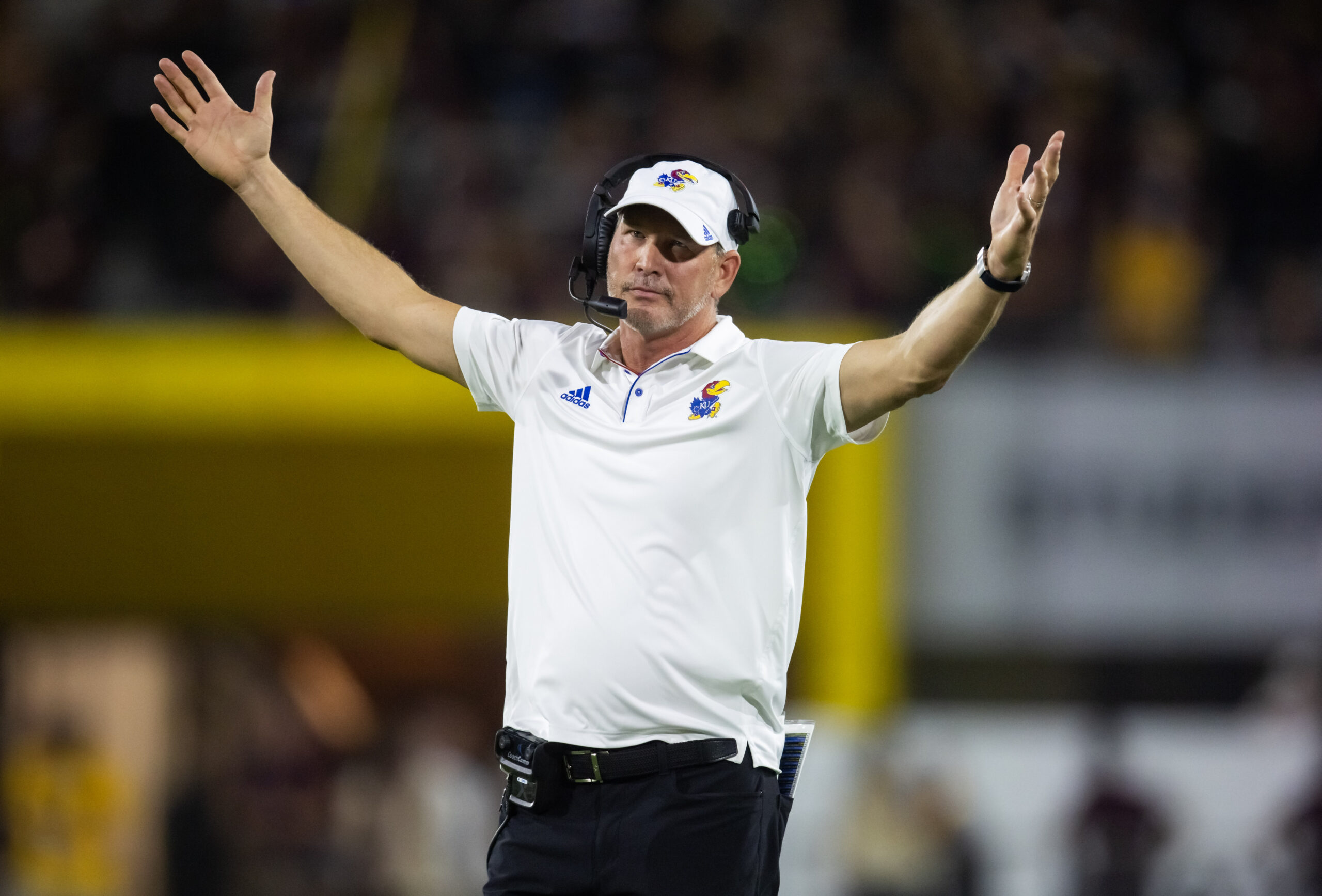 Oct 5, 2024; Tempe, Arizona, USA; Kansas Jayhawks head coach Lance Leipold reacts against the Arizona State Sun Devils in the second half at Mountain America Stadium.