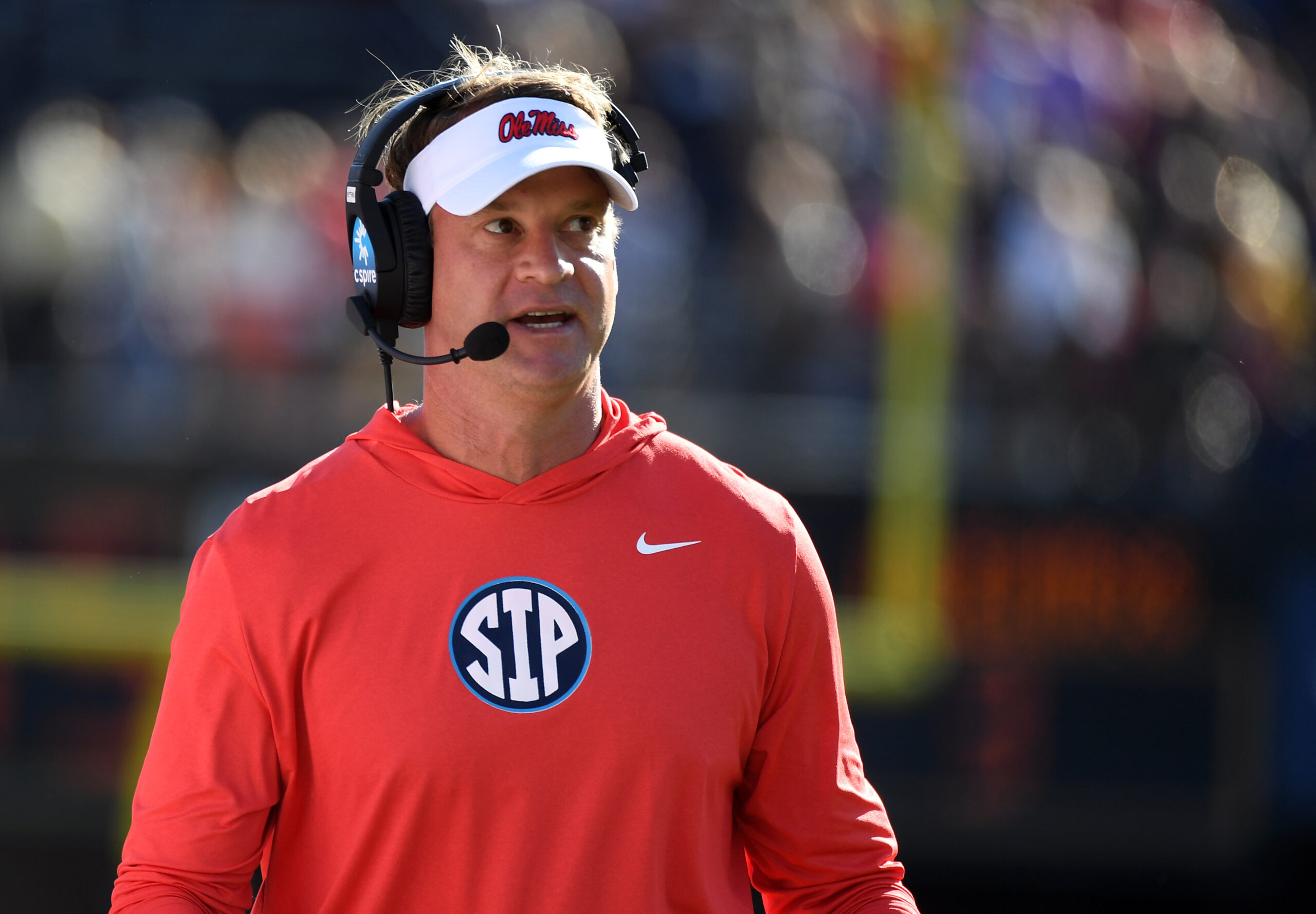 Oct 8, 2022; Nashville, Tennessee, USA; Mississippi Rebels head coach Lane Kiffin during the first half against the Vanderbilt Commodores at FirstBank Stadium.