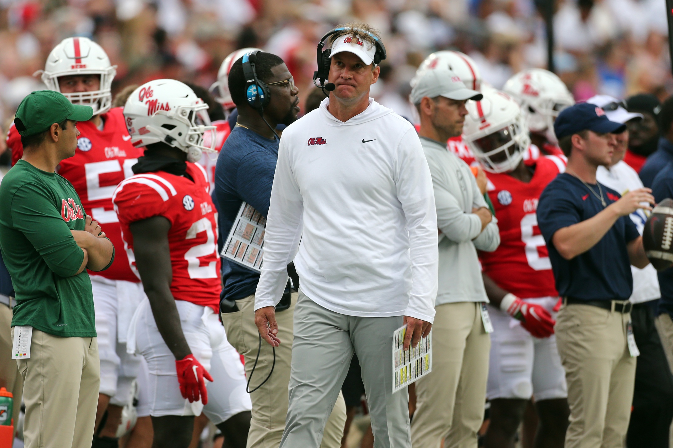 Sep 2, 2023; Oxford, Mississippi, USA; Mississippi Rebels head coach Lane Kiffin reacts during the first half against the Mercer Bears at Vaught-Hemingway Stadium.