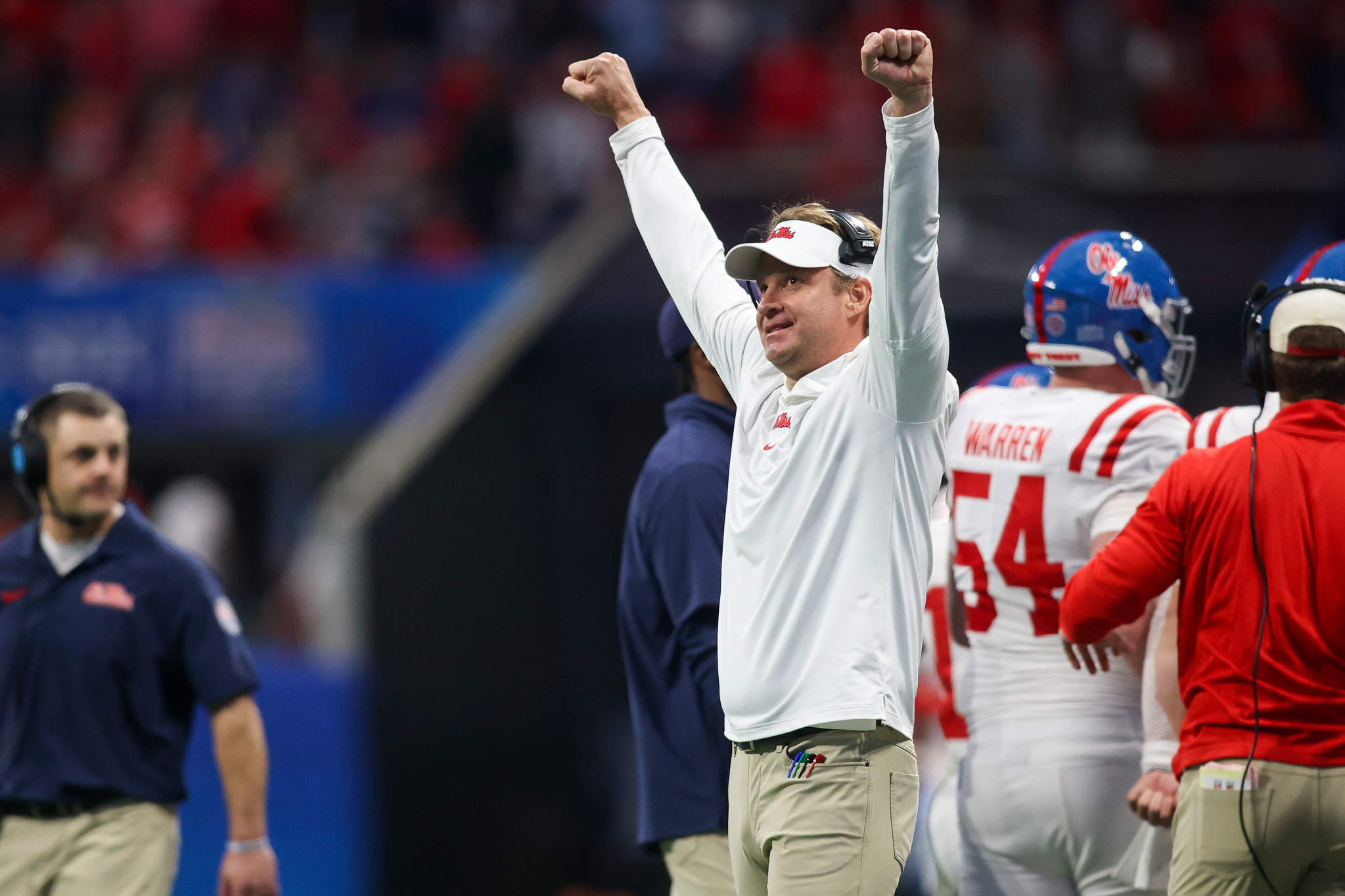 Dec 30, 2023; Atlanta, GA, USA; Mississippi Rebels head coach Lane Kiffin celebrates after a touchdown against the Penn State Nittany Lions in the second half at Mercedes-Benz Stadium. 