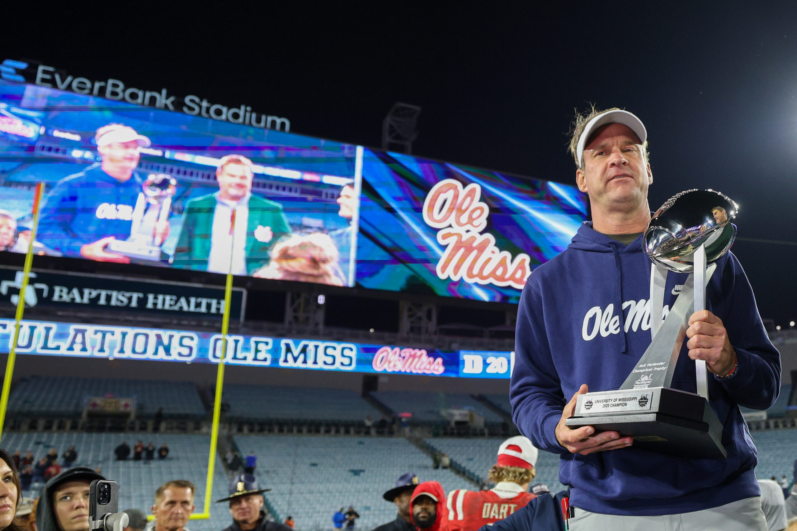 Oct 12, 2024; Baton Rouge, Louisiana, USA; Mississippi Rebels head coach Lane Kiffin reacts after a play against the LSU Tigers during the second half at Tiger Stadium.