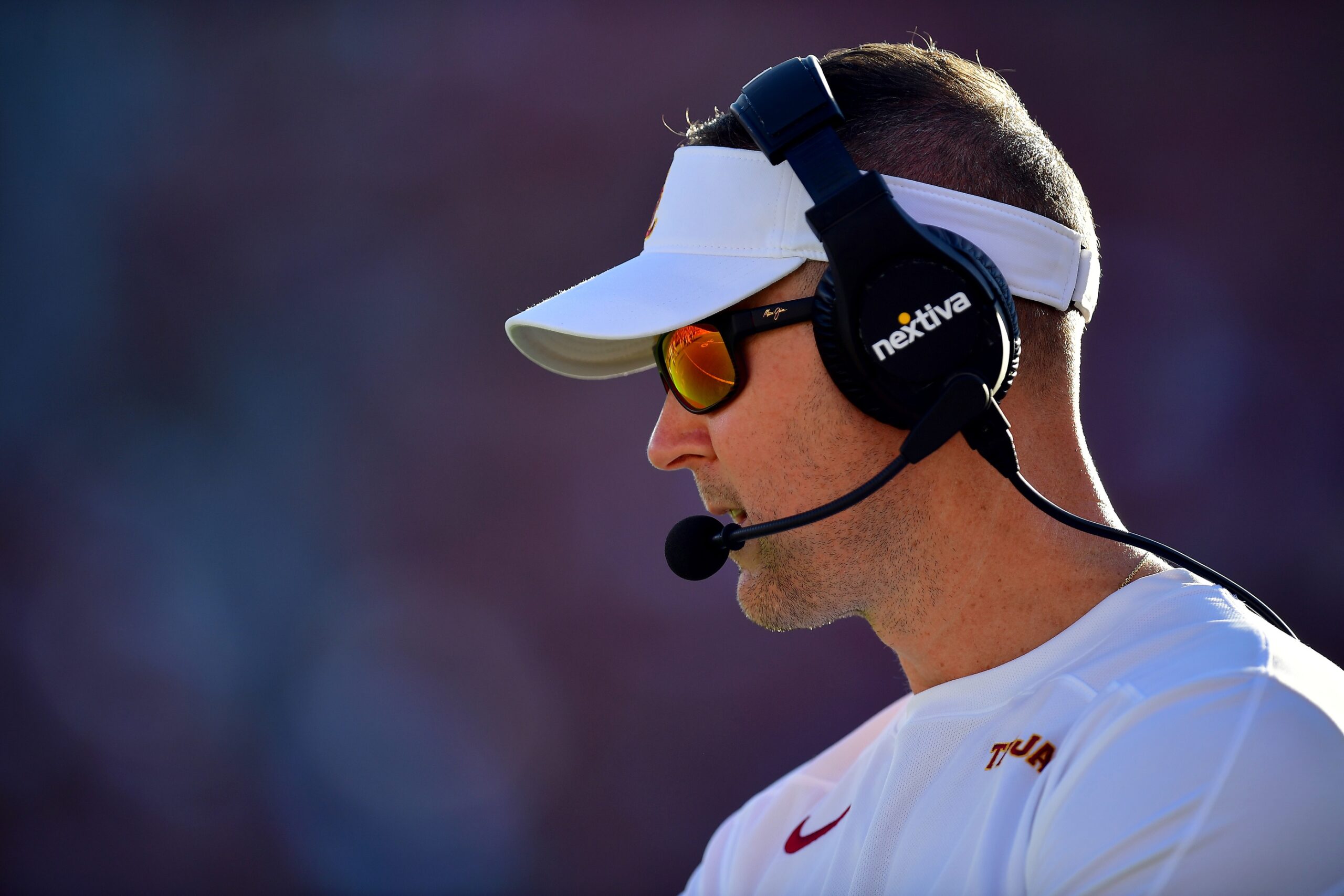 Aug 26, 2023; Los Angeles, California, USA; Southern California Trojans head coach Lincoln Riley watches game action against the San Jose State Spartans during the first half at Los Angeles Memorial Coliseum.