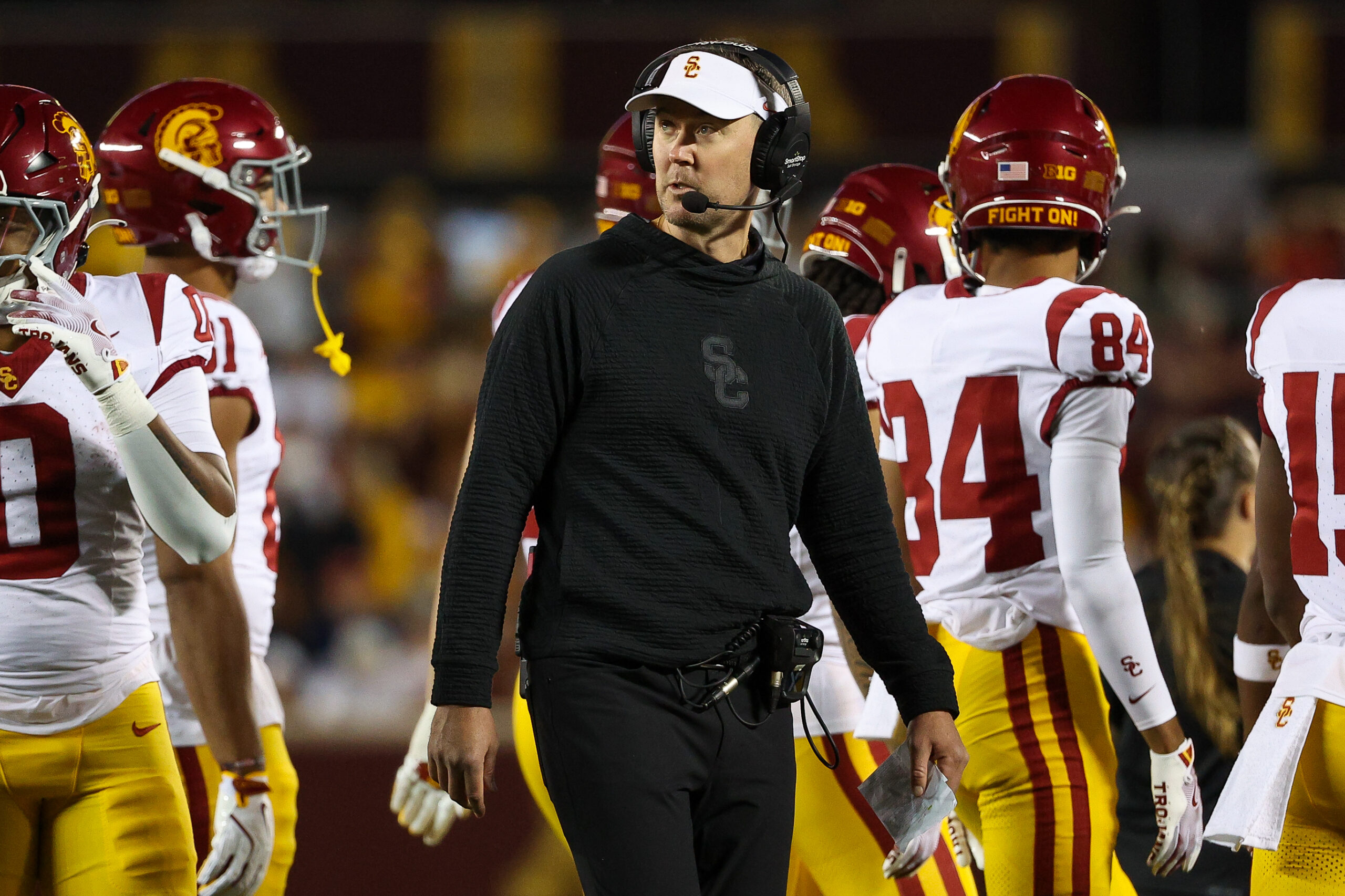 Dec 2, 2022; Las Vegas, NV, USA; Southern California Trojans head coach Lincoln Riley leaves following the loss against the Utah Utes in the PAC-12 Football Championship at Allegiant Stadium.