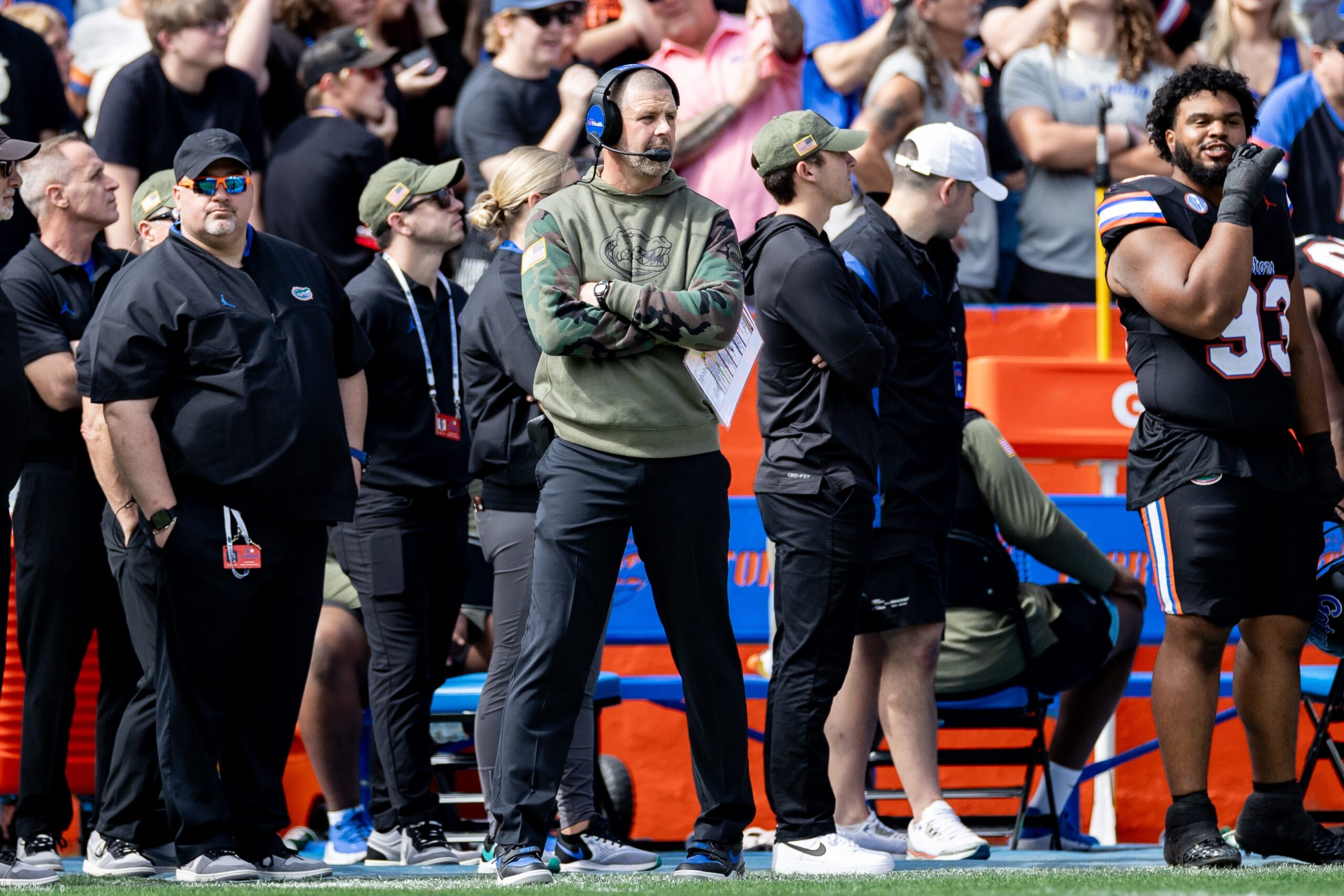 Florida Gators head coach Billy Napier looks on during the first half against the Arkansas Razorbacks at Steve Spurrier Field at Ben Hill Griffin Stadium in Gainesville, FL on Saturday, November 4, 2023.