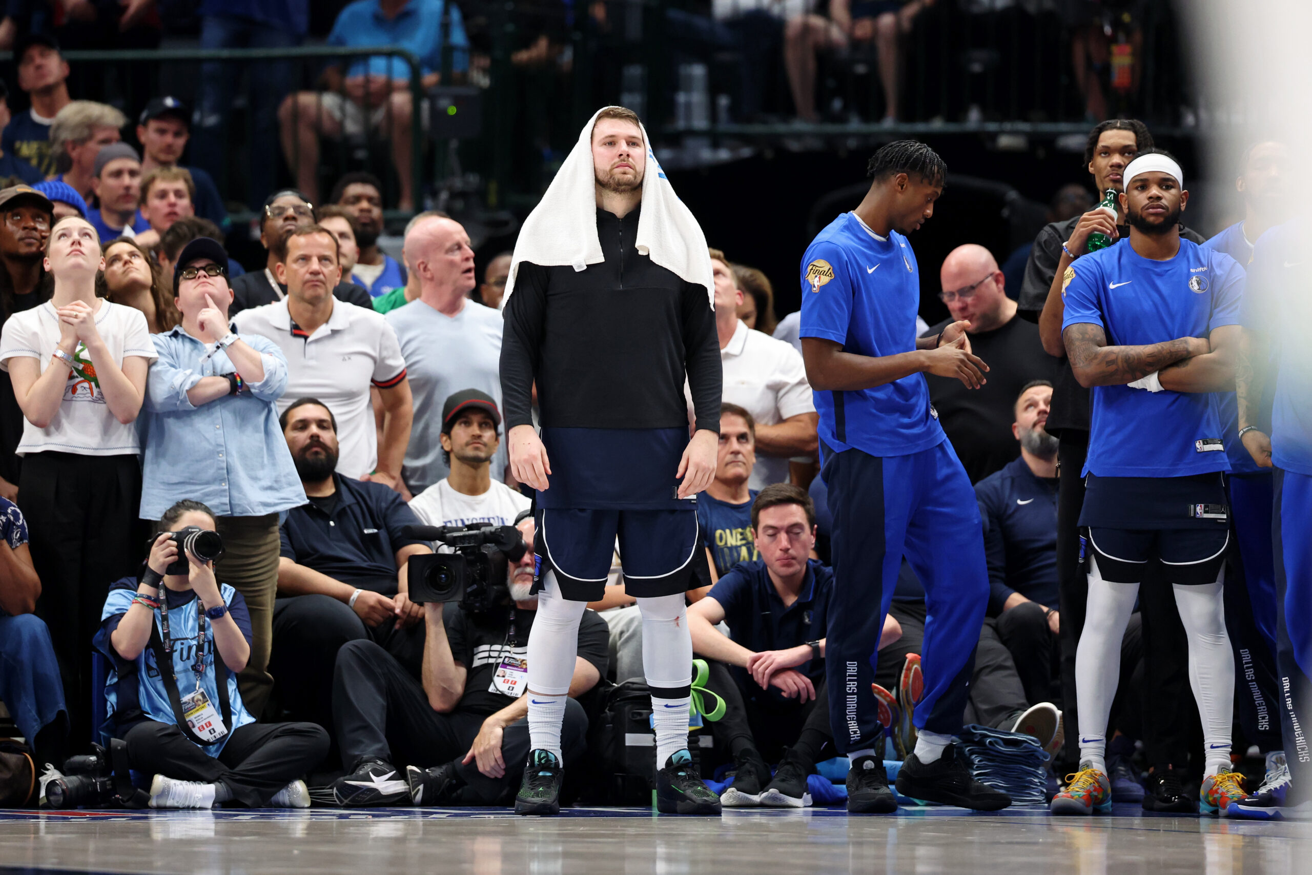 Jun 12, 2024; Dallas, Texas, USA; Dallas Mavericks guard Luka Doncic (77) reacts after a call by the referees during the second quarter during game three of the 2024 NBA Finals at American Airlines Center.