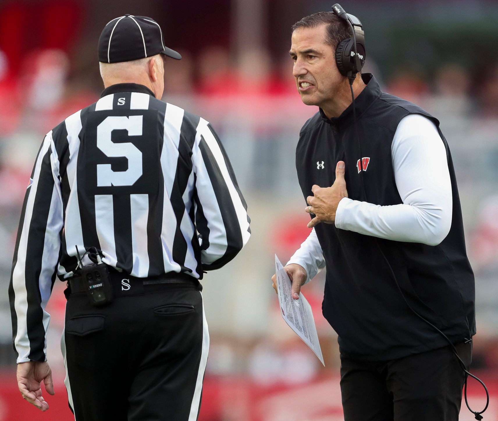 Wisconsin head coach Luke Fickell argues with an official after a penalty during a game against Iowa on Saturday, October 14, 2023, at Camp Randall Stadium in Madison, Wis. Iowa won the game, 15-6.