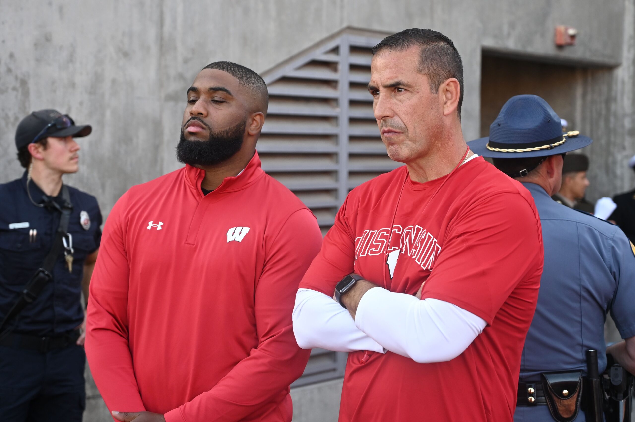 Sep 9, 2023; Pullman, Washington, USA; Wisconsin Badgers head coach Luke Fickell looks on before a game against the Washington State Cougars at Gesa Field at Martin Stadium.