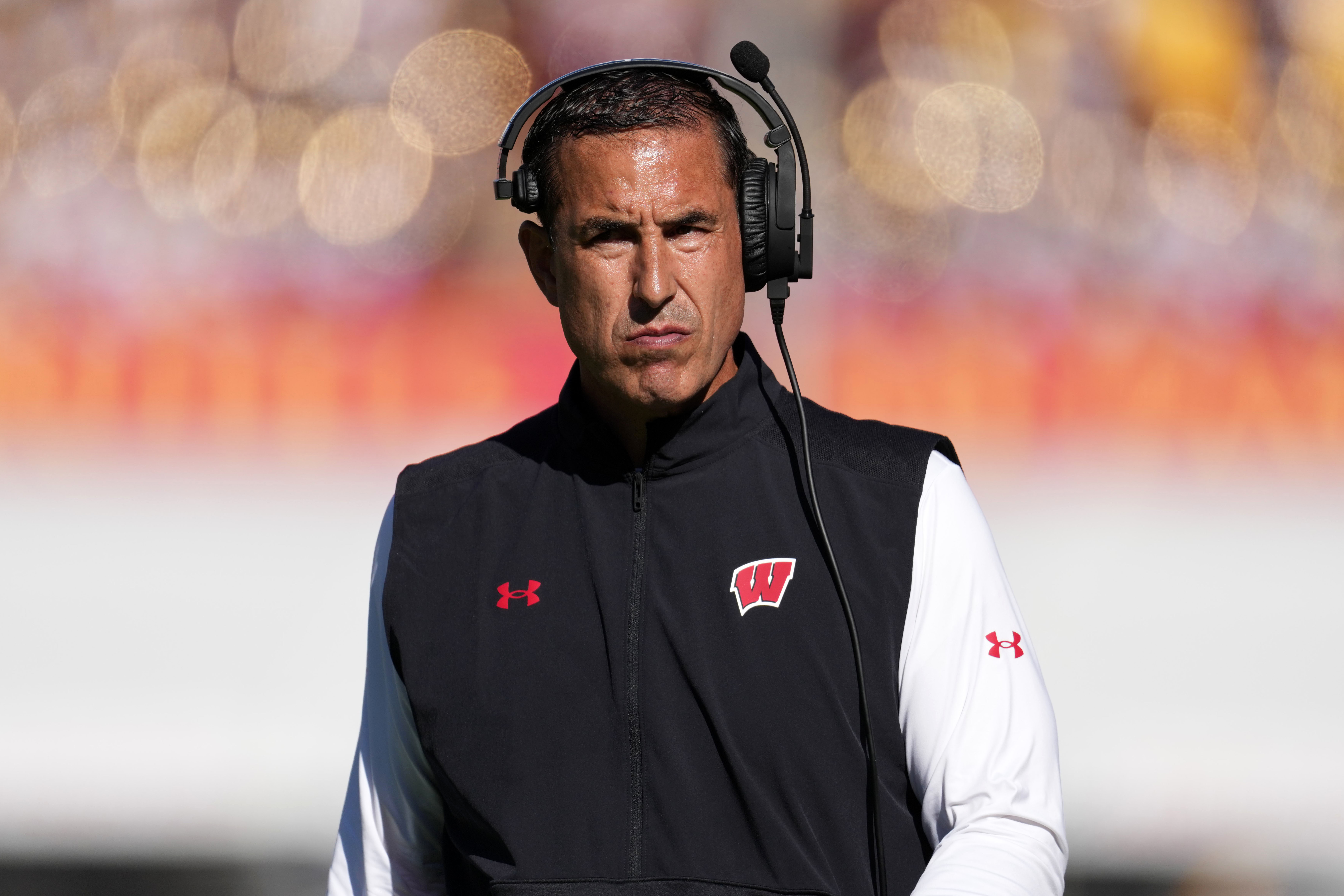 Aug 30, 2024; Madison, Wisconsin, USA; Wisconsin Badgers head coach Luke Fickell looks on during the second quarter against the Western Michigan Broncos at Camp Randall Stadium.
