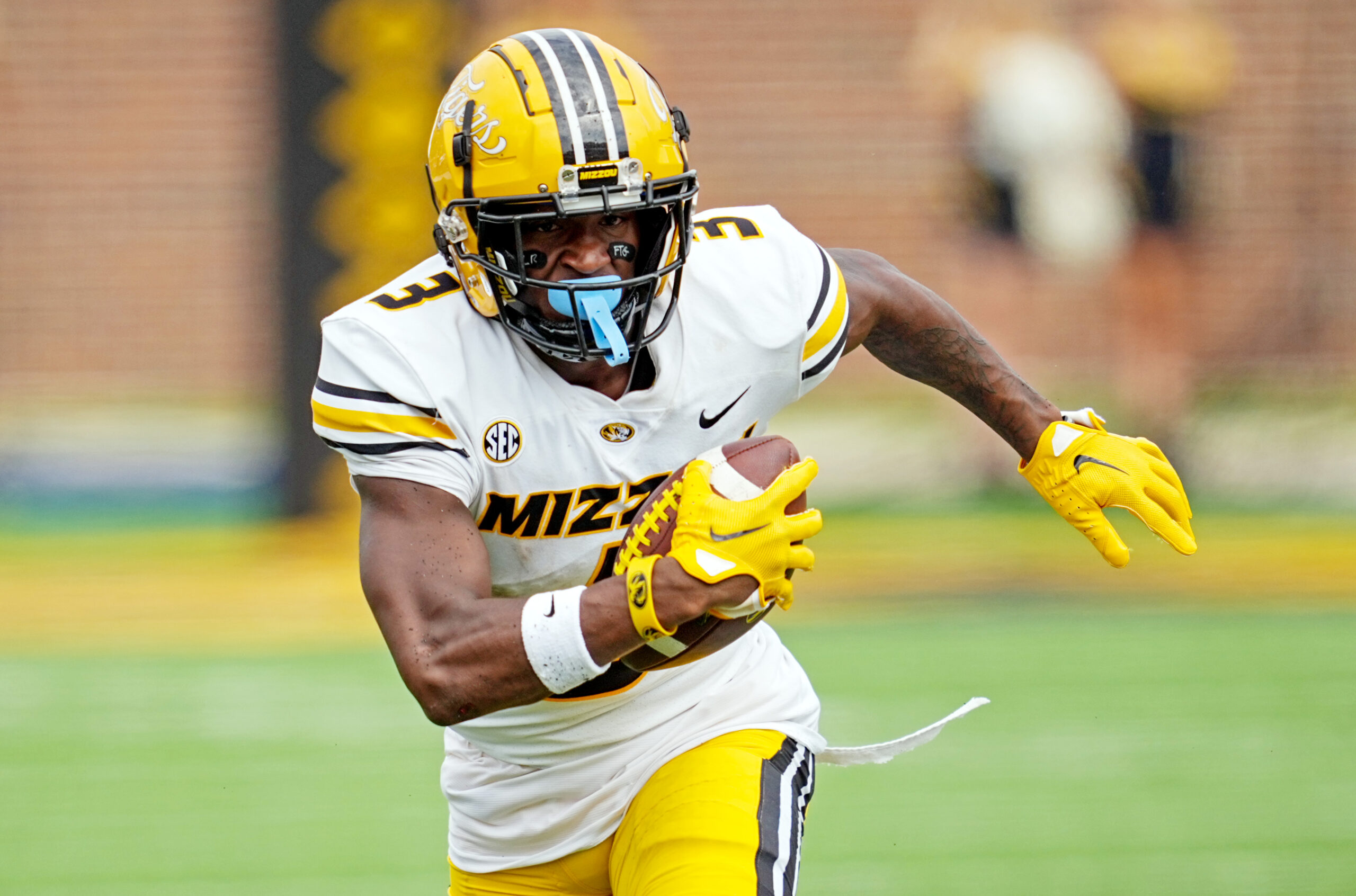 Sep 17, 2022; Columbia, Missouri, USA; Missouri Tigers wide receiver Luther Burden III (3) runs with the ball during the second half against the Abilene Christian Wildcats at Faurot Field at Memorial Stadium.