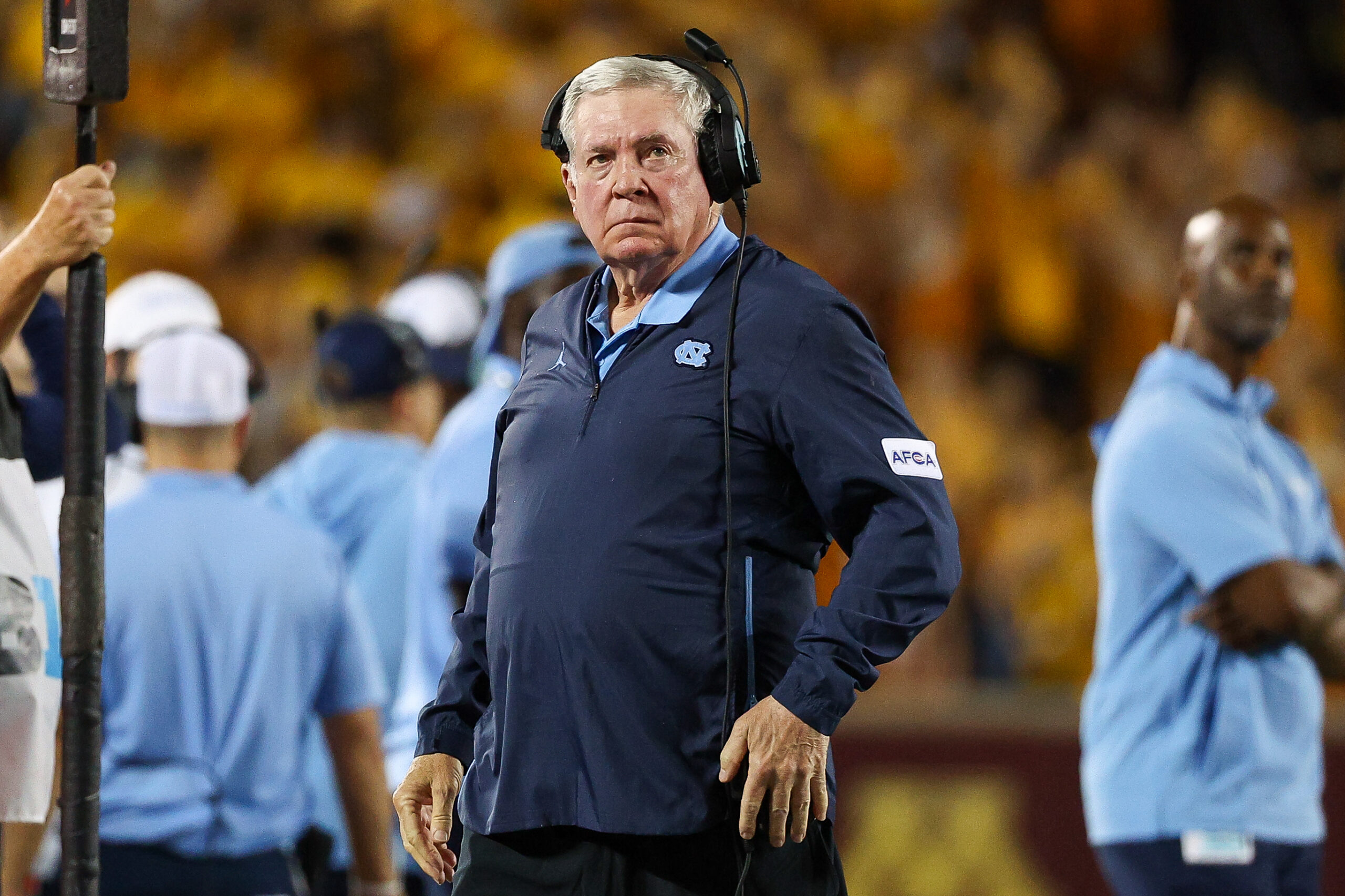 Aug 29, 2024; Minneapolis, Minnesota, USA; North Carolina Tar Heels head coach Mack Brown looks on during the first half against the Minnesota Golden Gophers at Huntington Bank Stadium.