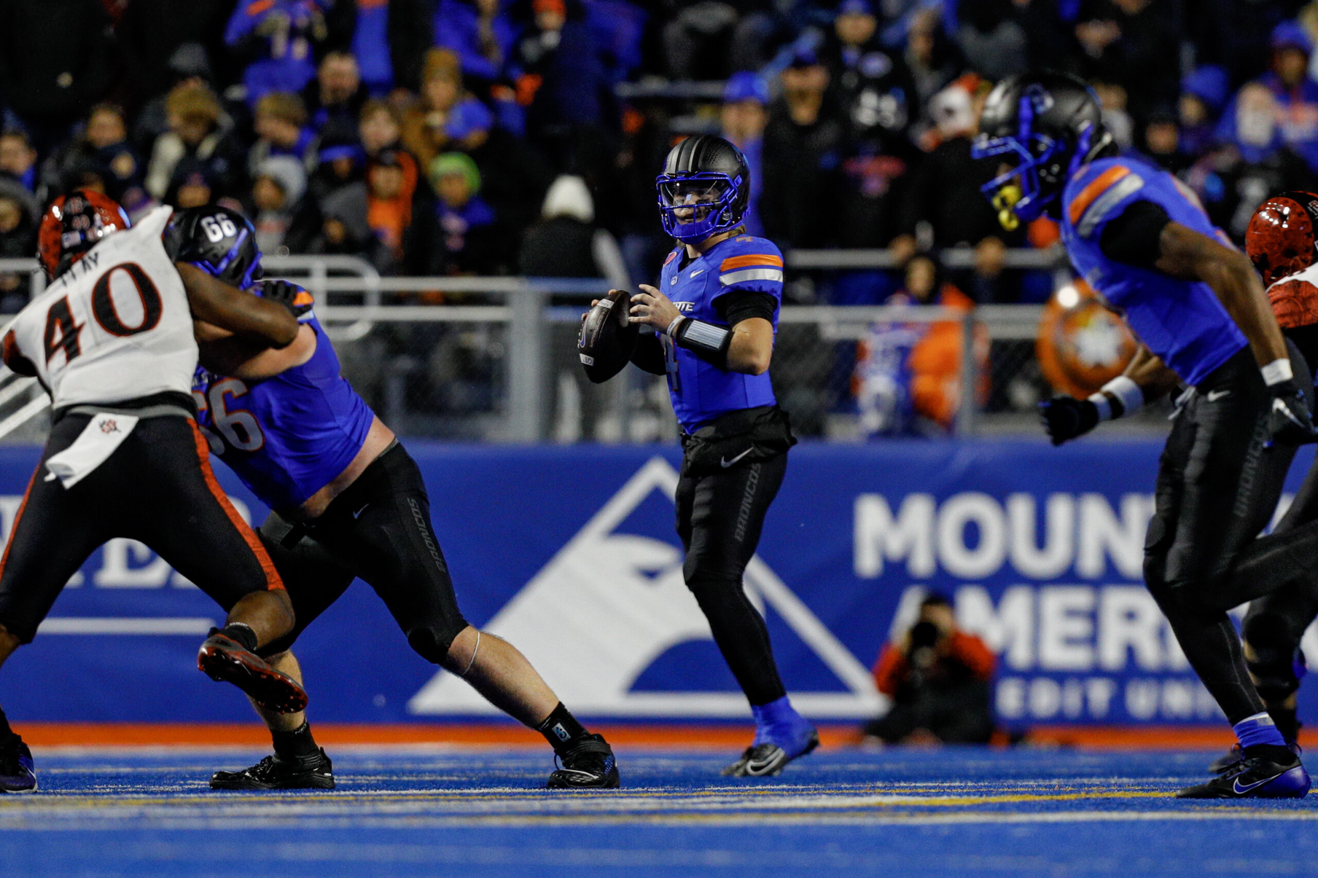 Nov 1, 2024; Boise, Idaho, USA; Boise State Broncos quarterback Maddux Madsen (4) during the second half against the San Diego State Aztecs at Albertsons Stadium. Boise State defeats San Diego State 56-24.