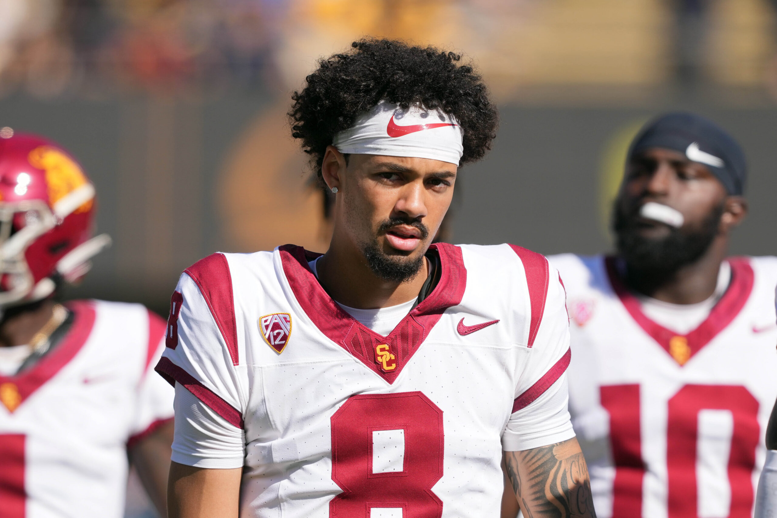 Oct 28, 2023; Berkeley, California, USA; USC Trojans quarterback Malachi Nelson (8) before the game against the California Golden Bears at California Memorial Stadium.