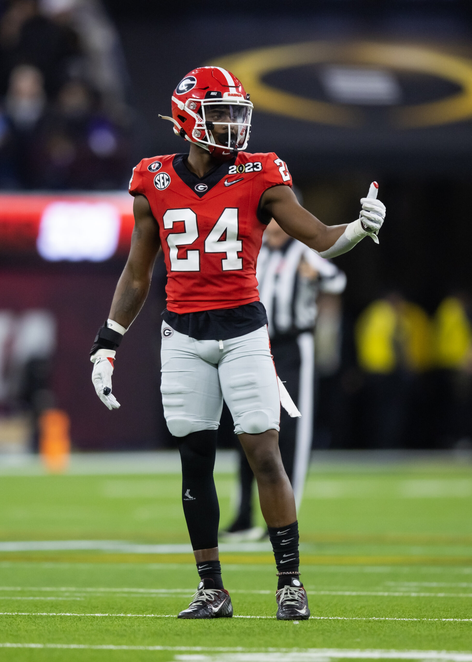 Jan 9, 2023; Inglewood, CA, USA; Georgia Bulldogs defensive back Malaki Starks (24) against the TCU Horned Frogs during the CFP national championship game at SoFi Stadium.