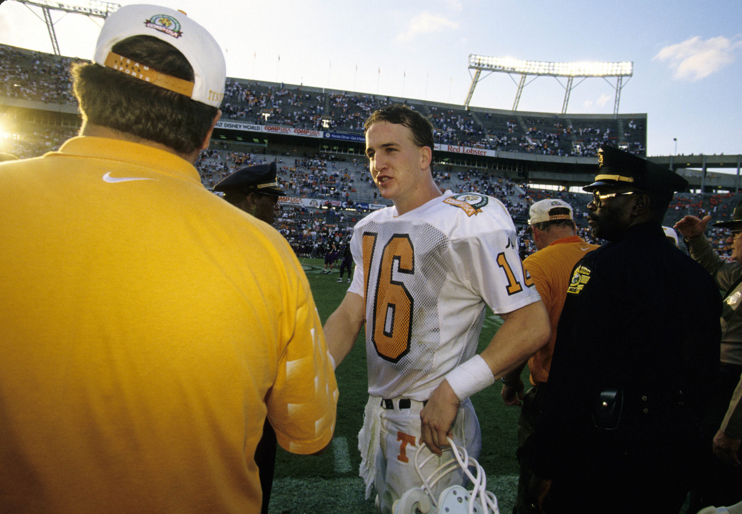 Jan 2, 1997; Orlando, FL; USA; FILE PHOTO; Tennessee Volunteers quarterback Peyton Manning (16) on the sidelines during the final moments of the 1997 Citrus Bowl where Tennessee defeated the Northwestern Wildcats 48-28 at the Florida Citrus Bowl Stadium. Mandatory Credit: RVR Photos-USA TODAY Sports