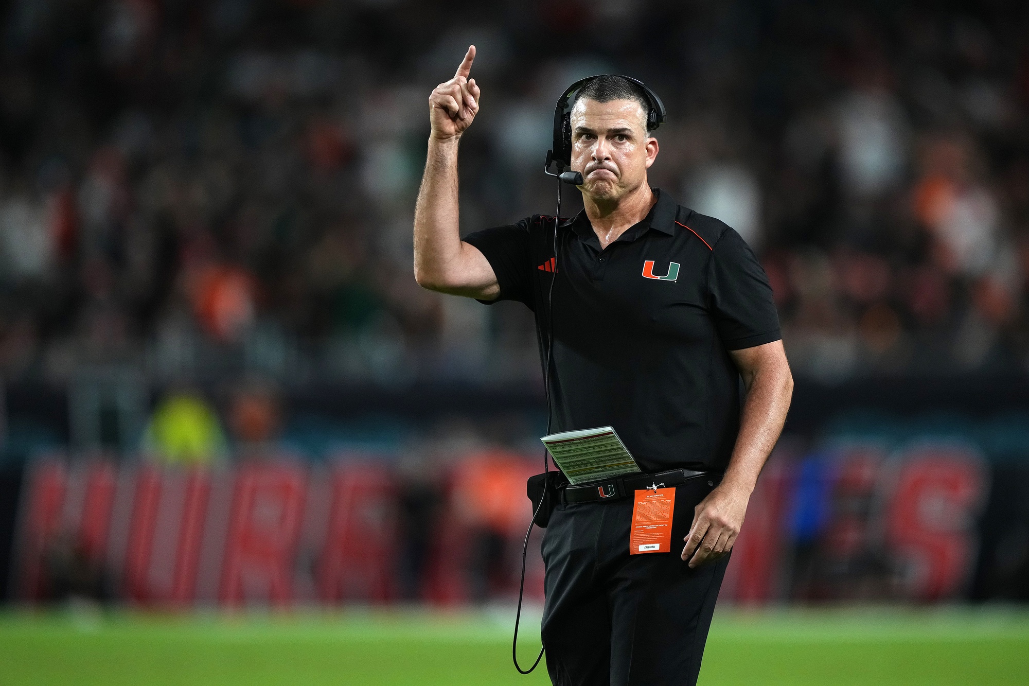 Oct 7, 2023; Miami Gardens, Florida, USA; Miami Hurricanes head coach Mario Cristobal gestures in the second half against the Georgia Tech Yellow Jackets at Hard Rock Stadium.