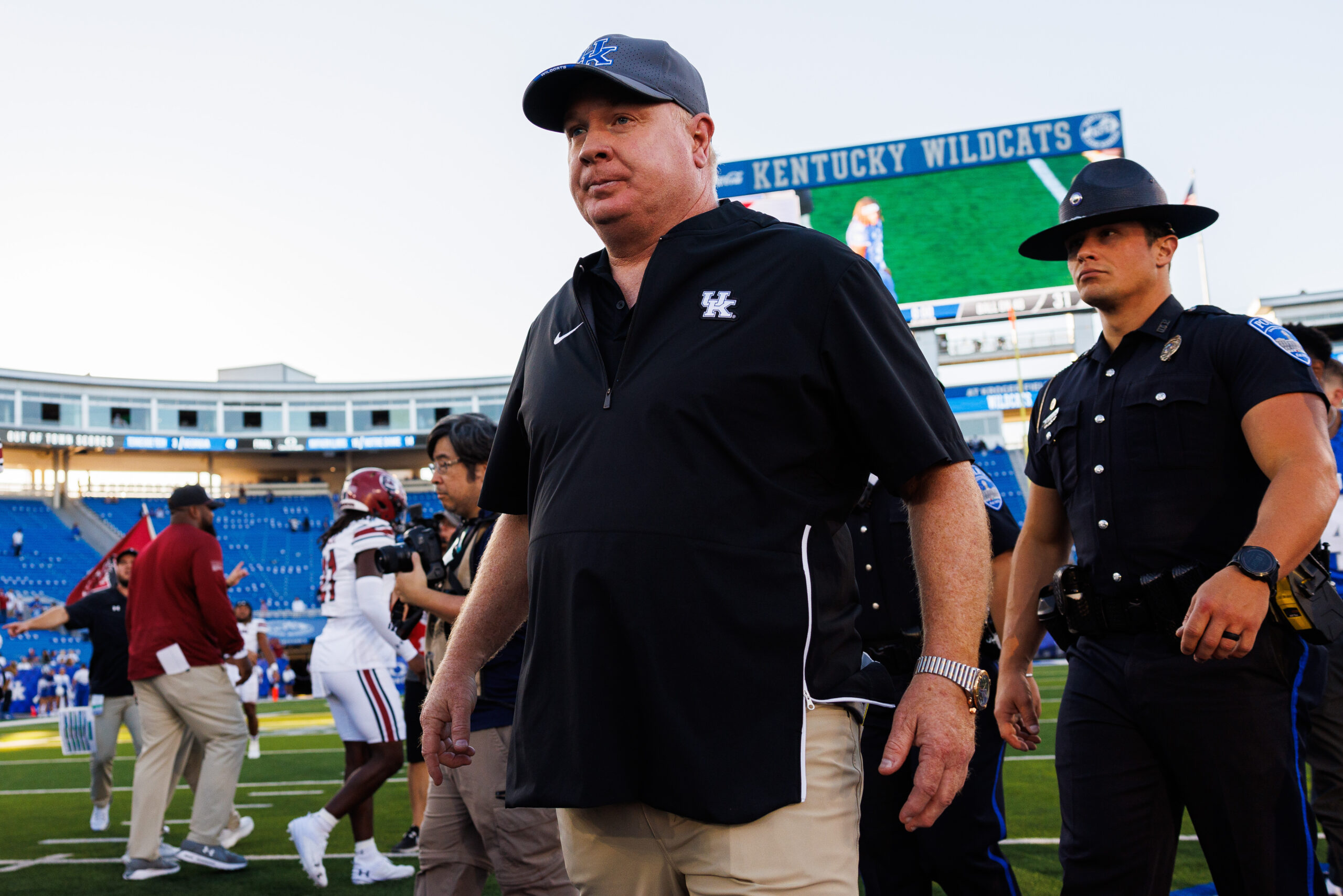 Sep 7, 2024; Lexington, Kentucky, USA; Kentucky Wildcats head coach Mark Stoops walks off the field after the game against the South Carolina Gamecocks at Kroger Field.