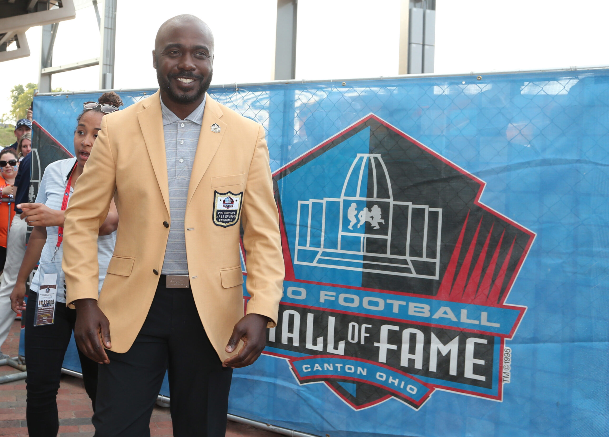 Aug 5, 2017; Canton, OH, USA; San Diego Chargers former running back Marshall Faulk arrives during the Professional Football HOF enshrinement ceremonies at the Tom Benson Hall of Fame Stadium.