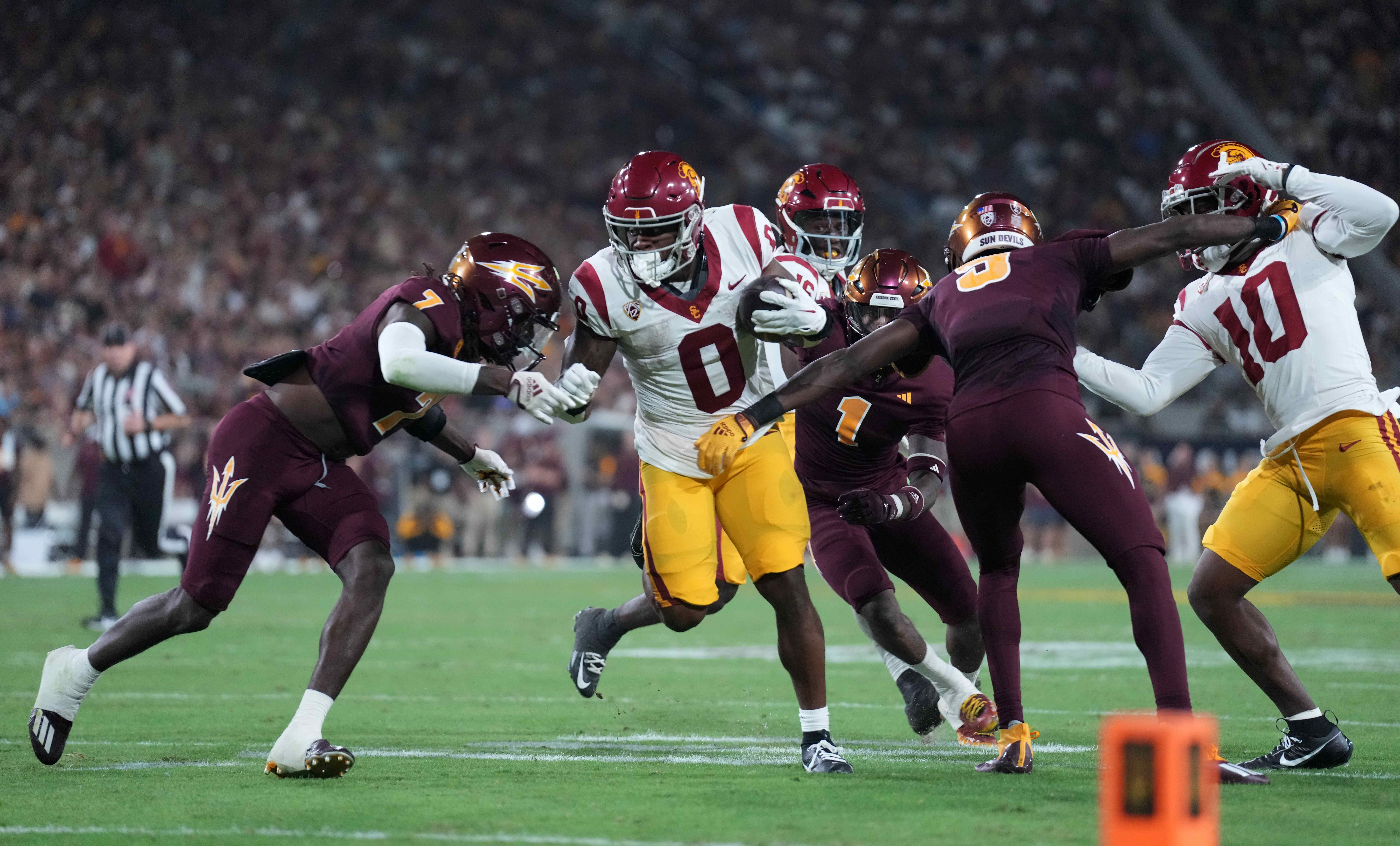 Oct 28, 2023; Berkeley, California, USA; USC Trojans running back MarShawn Lloyd (0) rushes for a touchdown against the California Golden Bears during the fourth quarter at California Memorial Stadium.