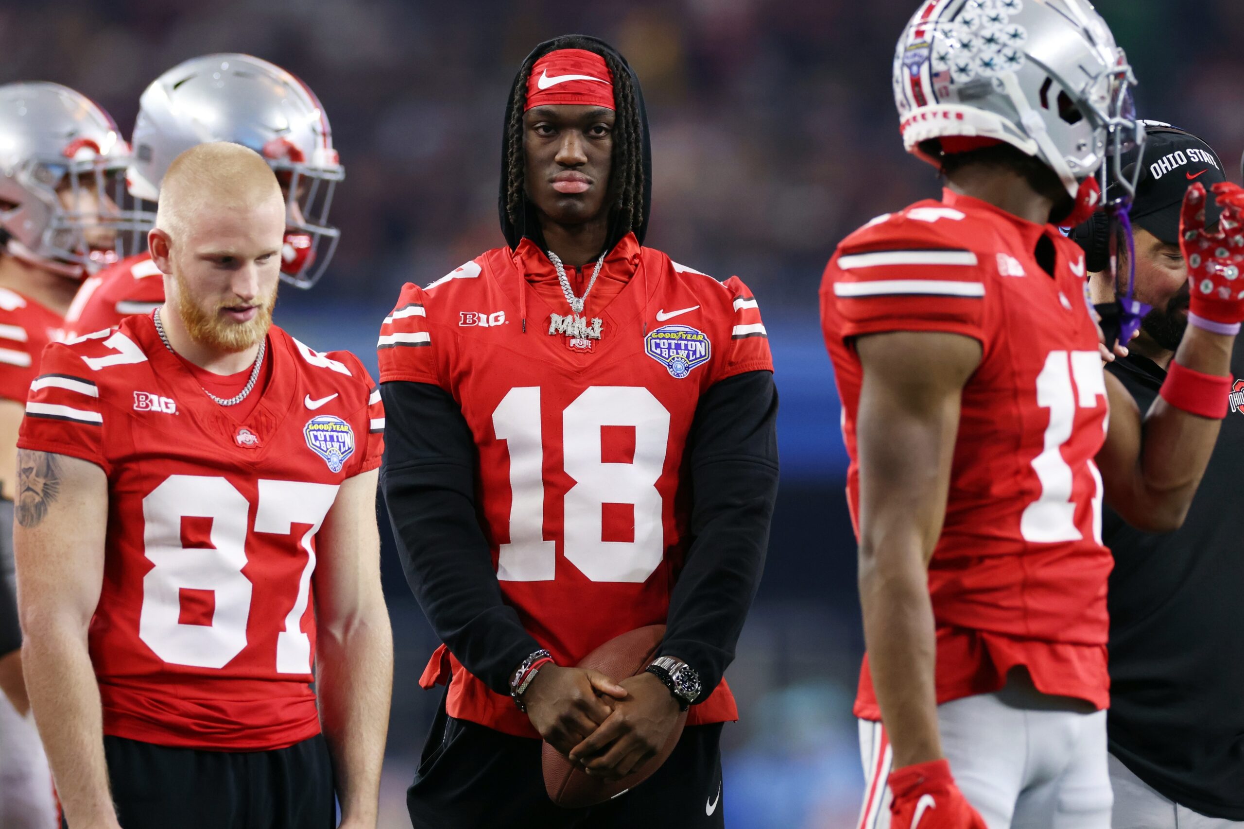Dec 29, 2023; Arlington, TX, USA; Ohio State Buckeyes wide receiver Marvin Harrison Jr. (18) stands on the field during a time out in the game against the Missouri Tigers at AT&T Stadium.