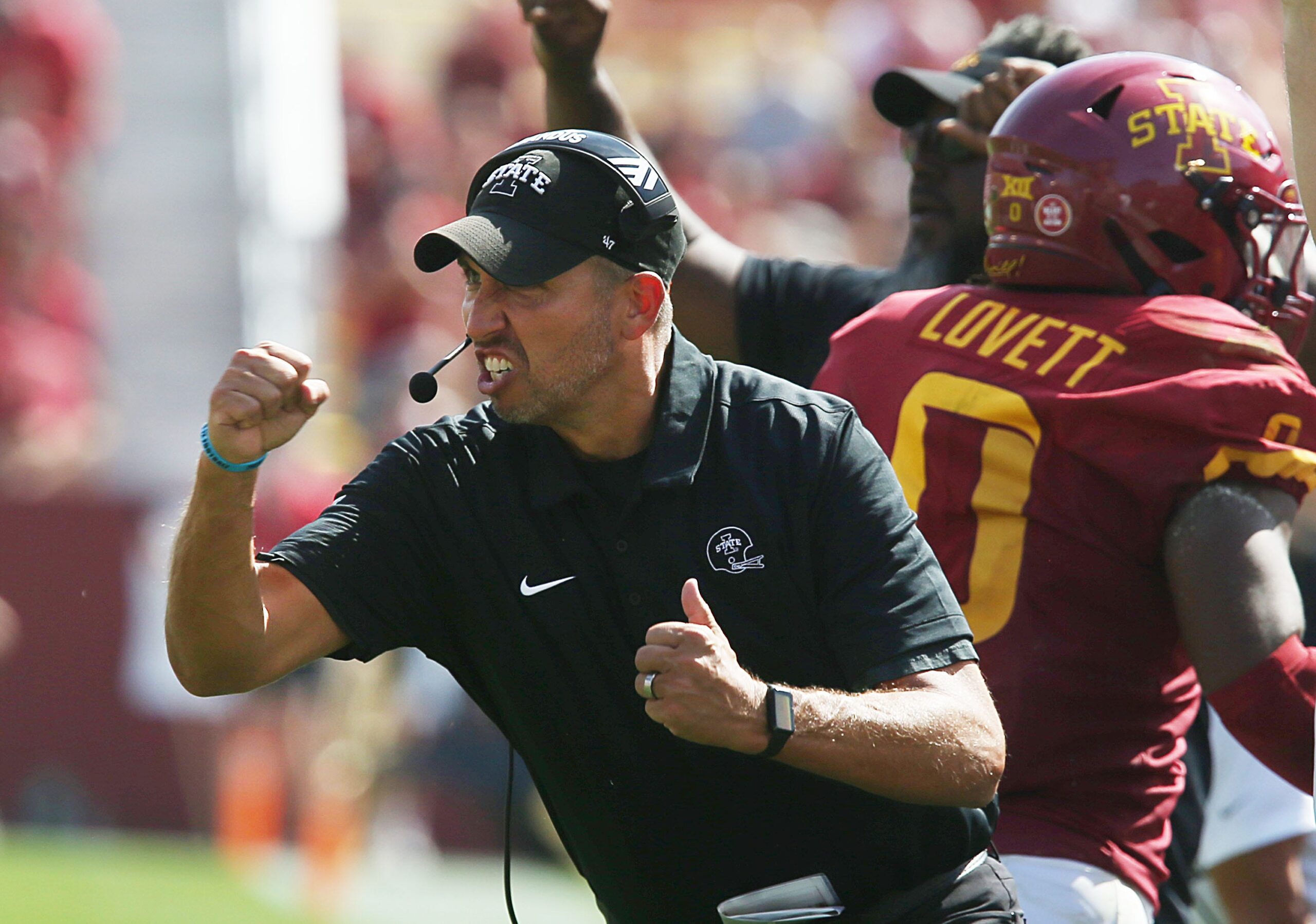 Iowa State Cyclones' head coach Matt Campbell reacts from the side line against Northern Iowa during the third quarter in the season-opening game at Jack Trice Stadium on Saturday, Sept. 2, 2023, in Ames, Iowa.