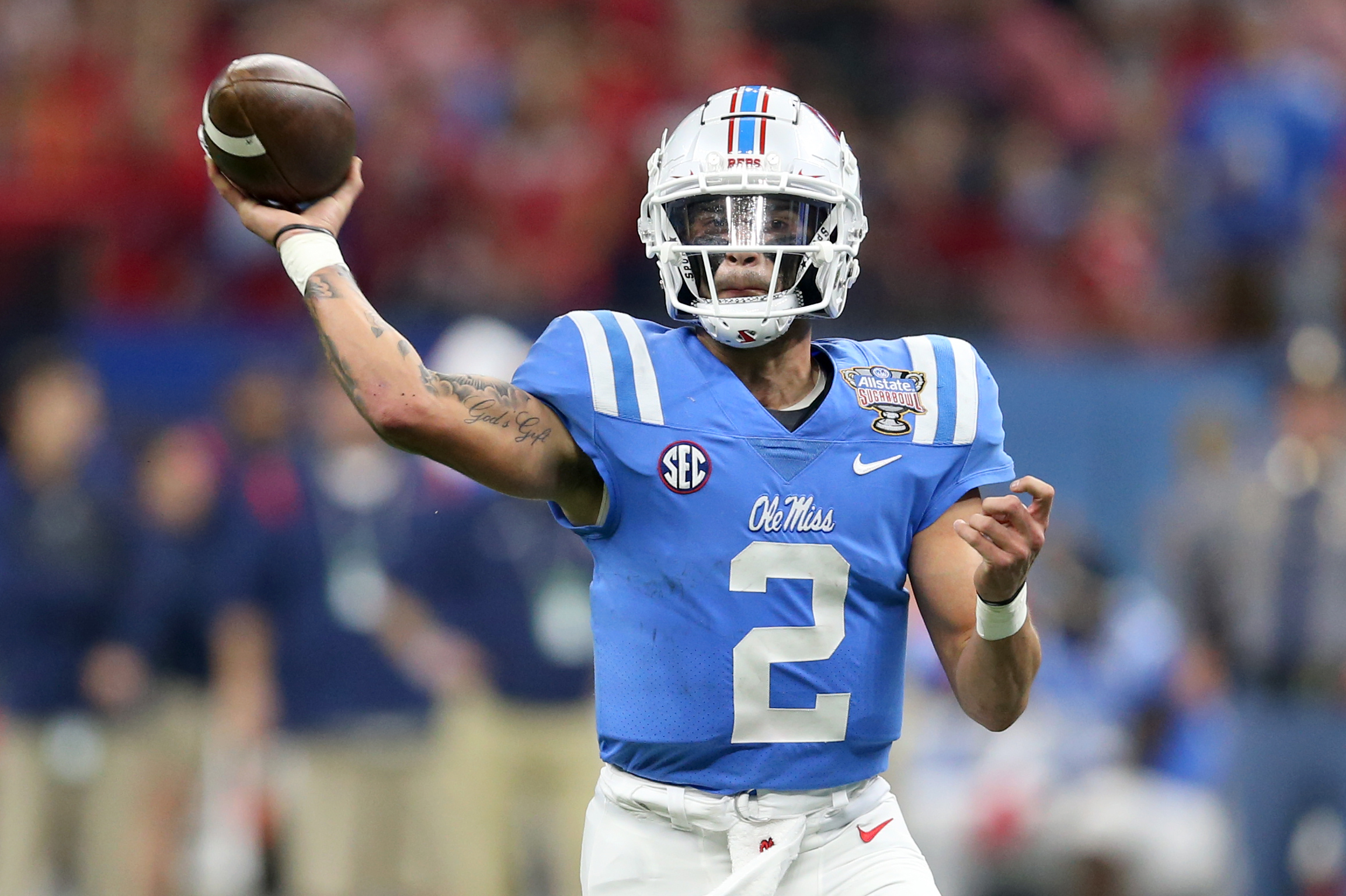 Jan 1, 2022; New Orleans, LA, USA; Mississippi Rebels quarterback Matt Corral (2) makes a throw against the Baylor Bears in the second quarter in the 2022 Sugar Bowl at the Caesars Superdome.