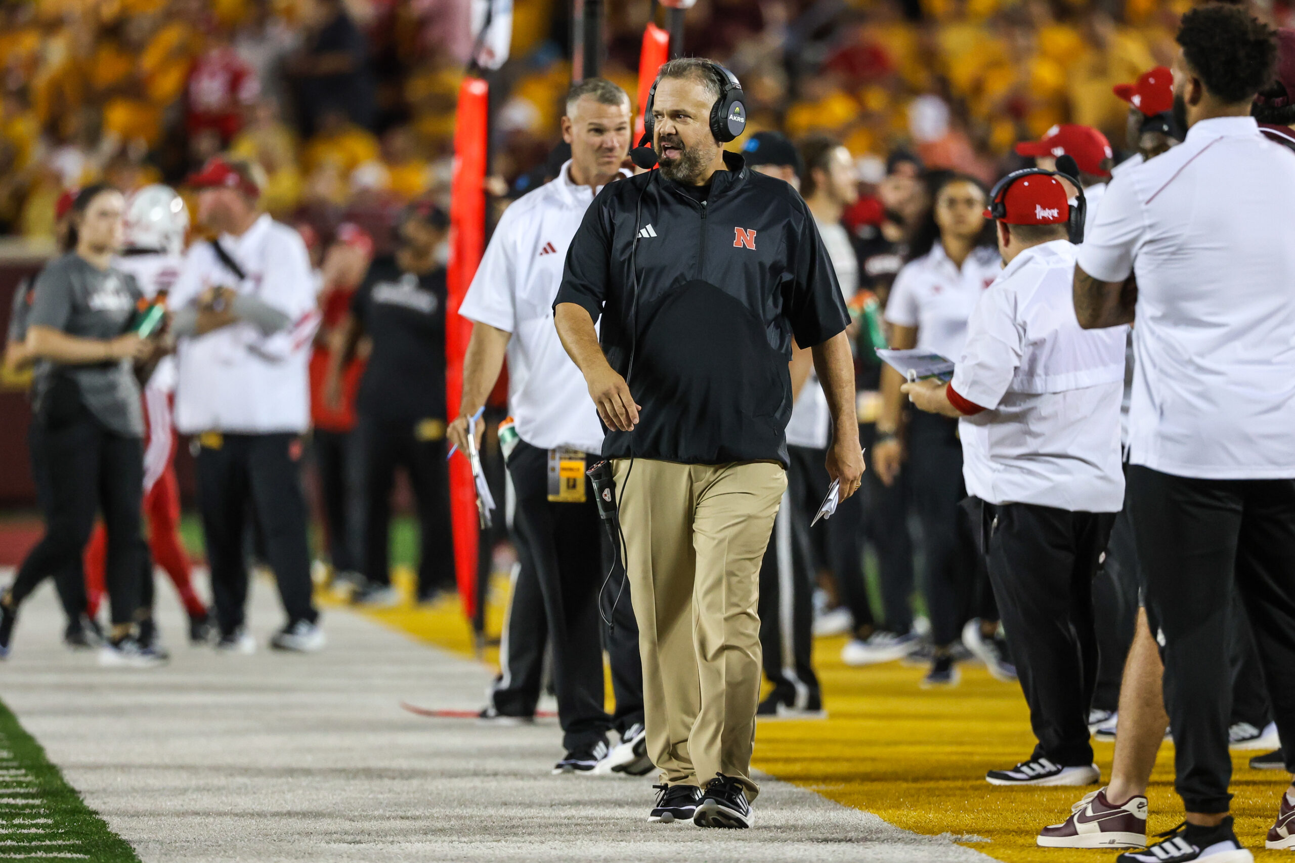 Aug 31, 2023; Minneapolis, Minnesota, USA; Nebraska Cornhuskers head coach Matt Rhule looks on during the second quarter against the Minnesota Golden Gophers at Huntington Bank Stadium.