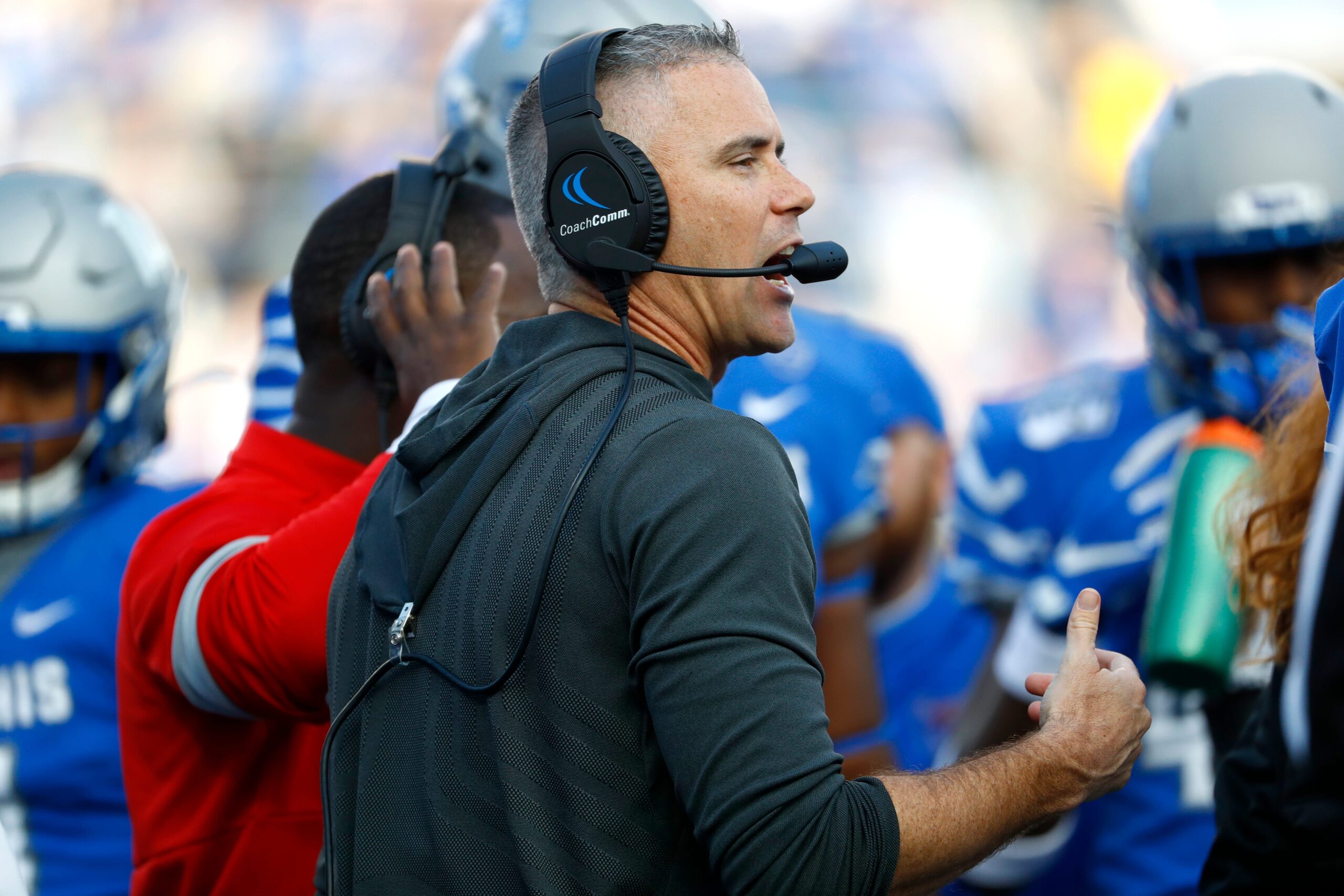 Memphis Tigers Head Coach Mike Norvell leads his team against Cincinnati during the AAC Championship game at the Liberty Bowl Memorial Stadium on Saturday, Dec. 7, 2019.