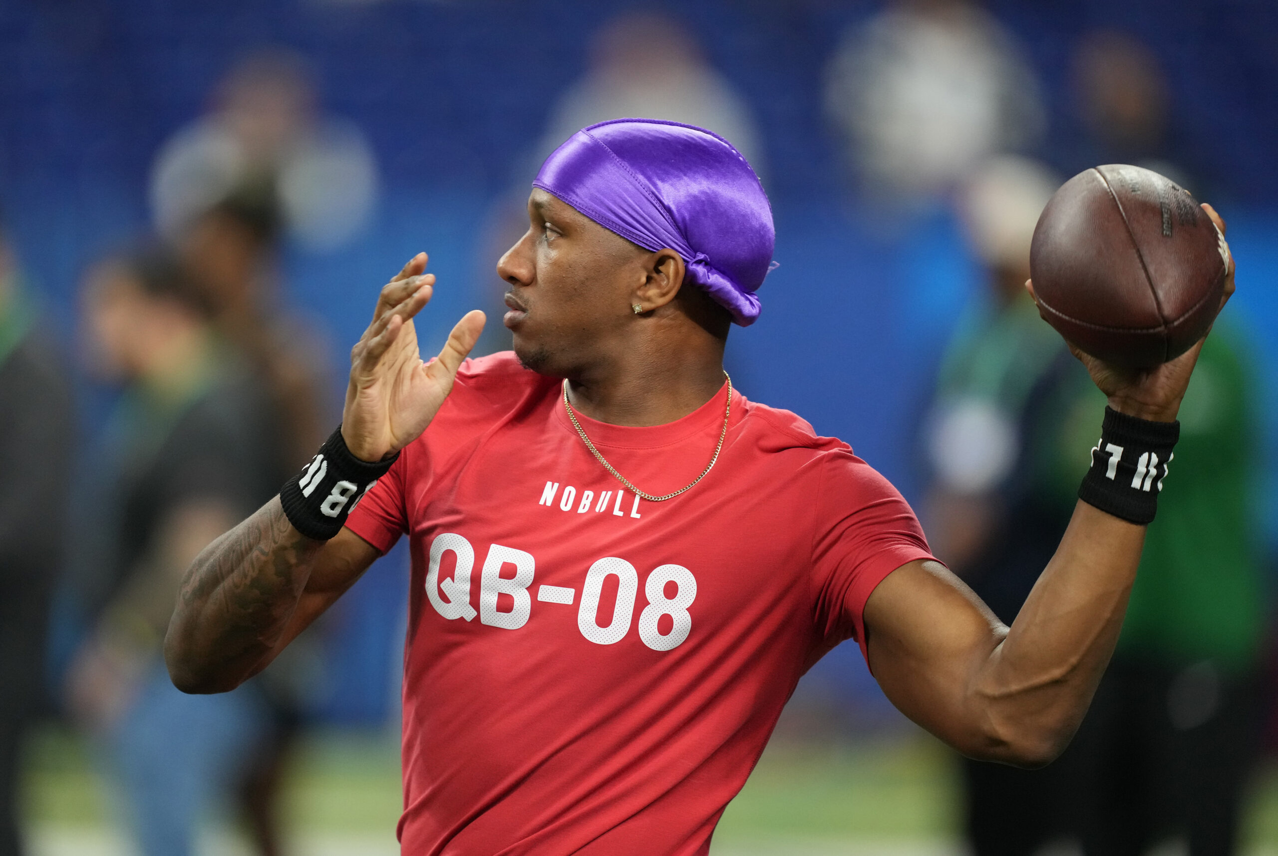 Mar 2, 2024; Indianapolis, IN, USA; Washington quarterback Michael Penix (QB08) during the 2024 NFL Combine at Lucas Oil Stadium.