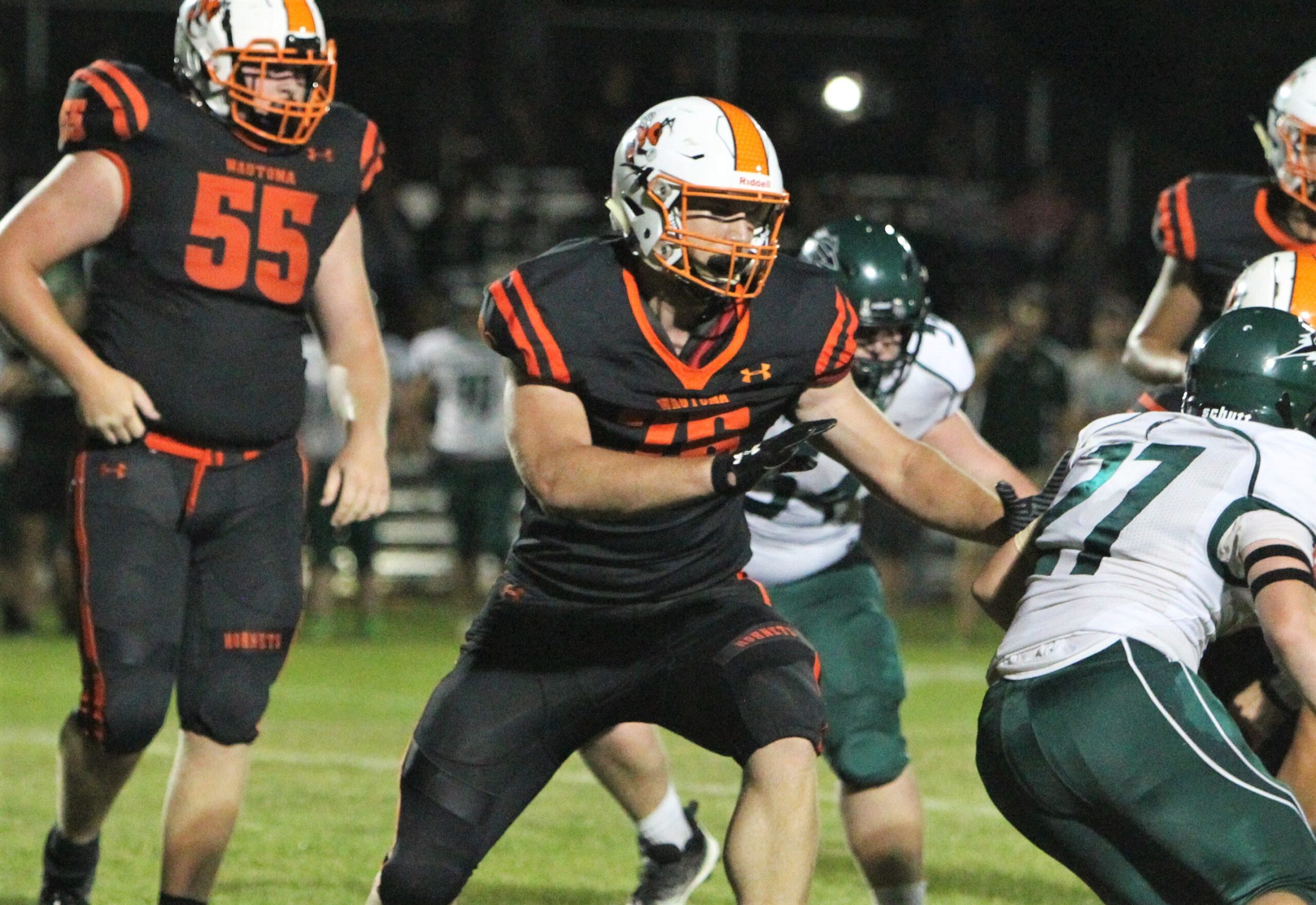 Michael Roeske, a Wisconsin football recruit from Wautoma High School, prepares to make a block during Wautoma' game with Adams-Friendship on Sept. 1, 2023 in Wautoma, Wisconsin.