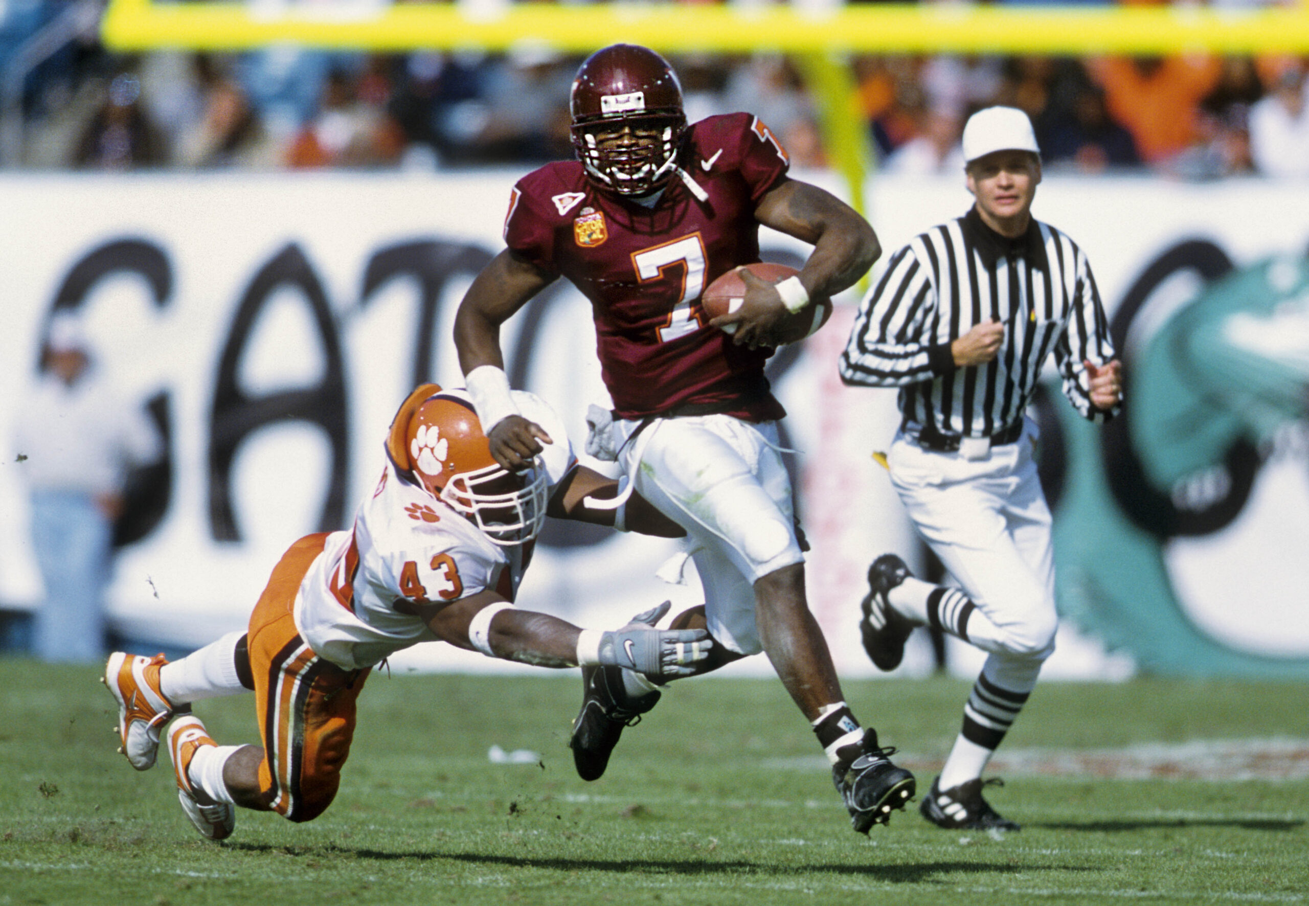 Jan 1, 2001; Jacksonville, FL, USA: FILE PHOTO; Virginia Tech Hokies quarterback Michael Vick (7) in action against the Clemson Tigers during the 2001 Gator Bowl at Alltel Stadium.