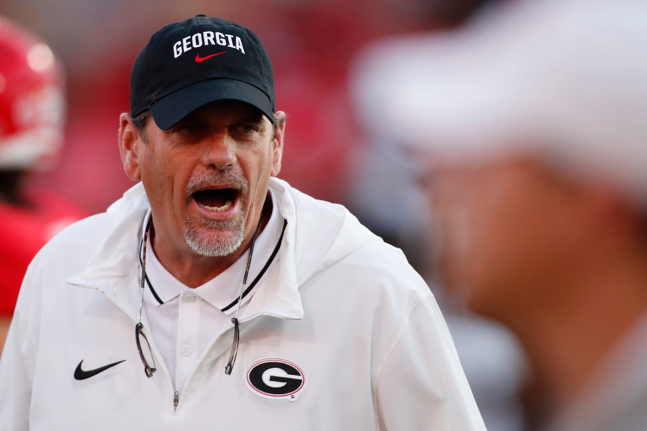 Georgia Offensive Coordinator Mike Bobo on the field during warm ups before the start of a NCAA college football game against UAB in Athens, Ga., on Saturday, Sept. 23, 2023.
