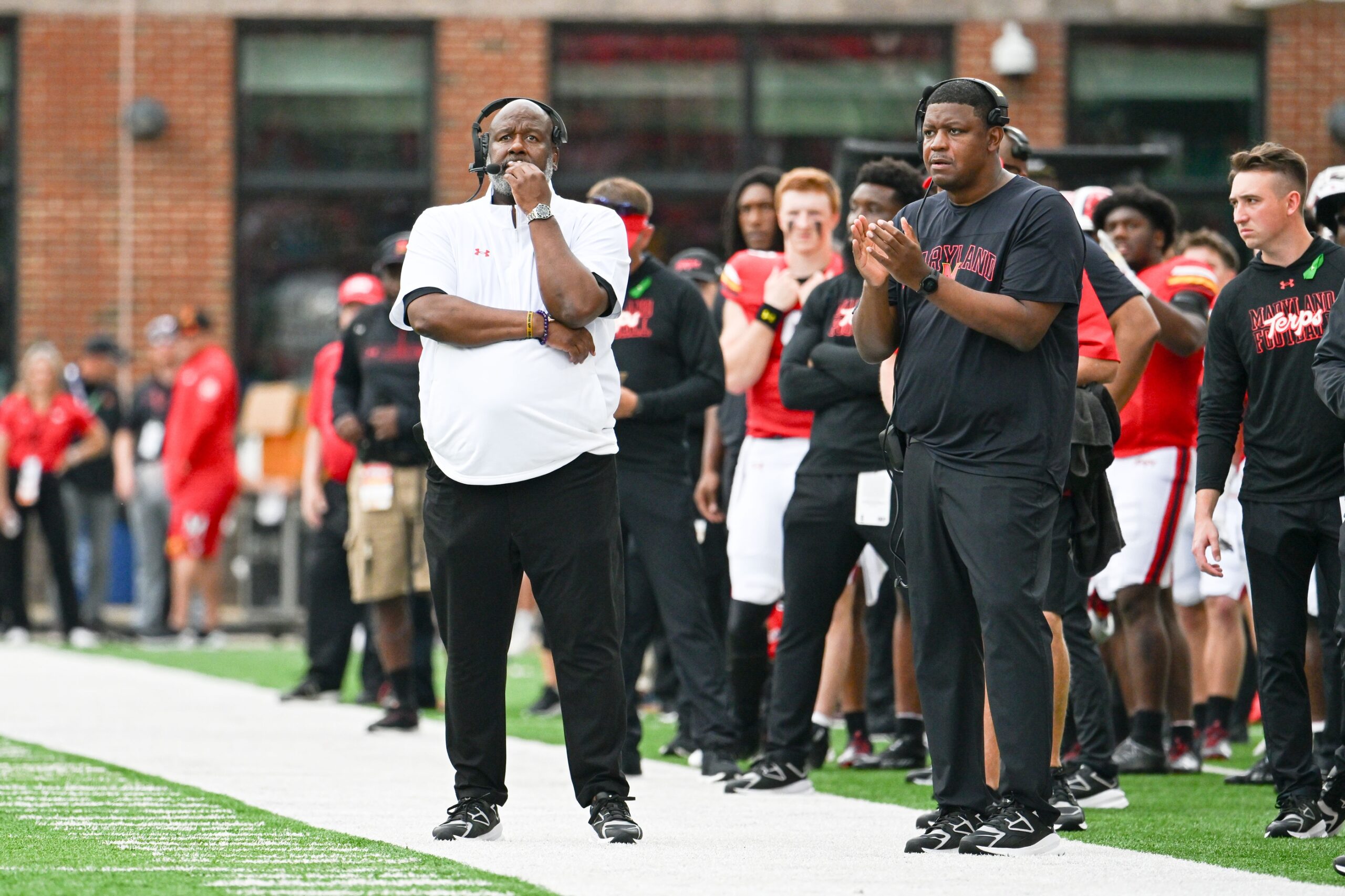 Sep 30, 2023; College Park, Maryland, USA; Maryland Terrapins head coach Mike Locksley looks down the sidelines during the first half against the Indiana Hoosiers at SECU Stadium.
