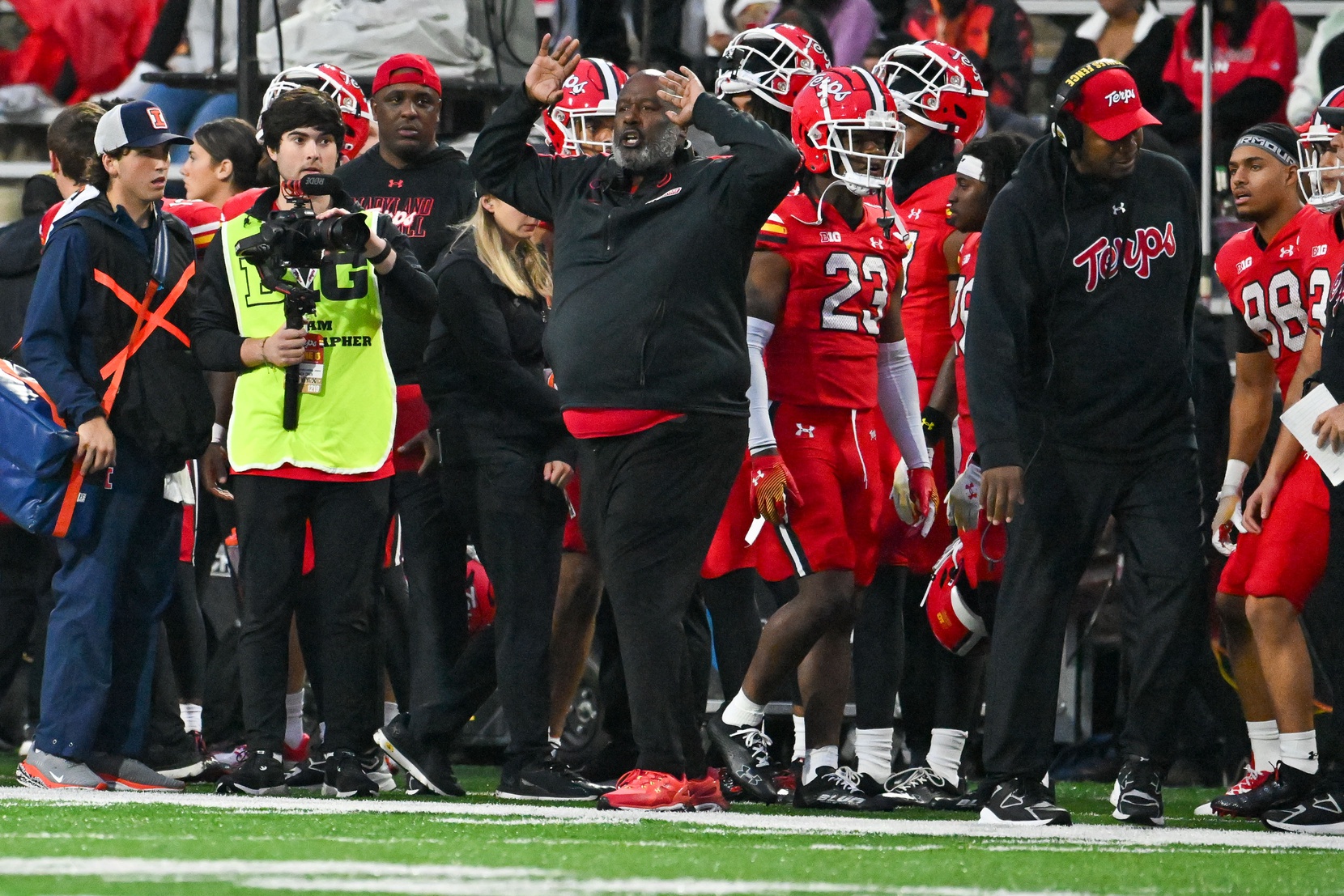 Oct 14, 2023; College Park, Maryland, USA; Maryland Terrapins head coach Mike Locksley reacts after a call during the second half against the Illinois Fighting Illini at SECU Stadium.