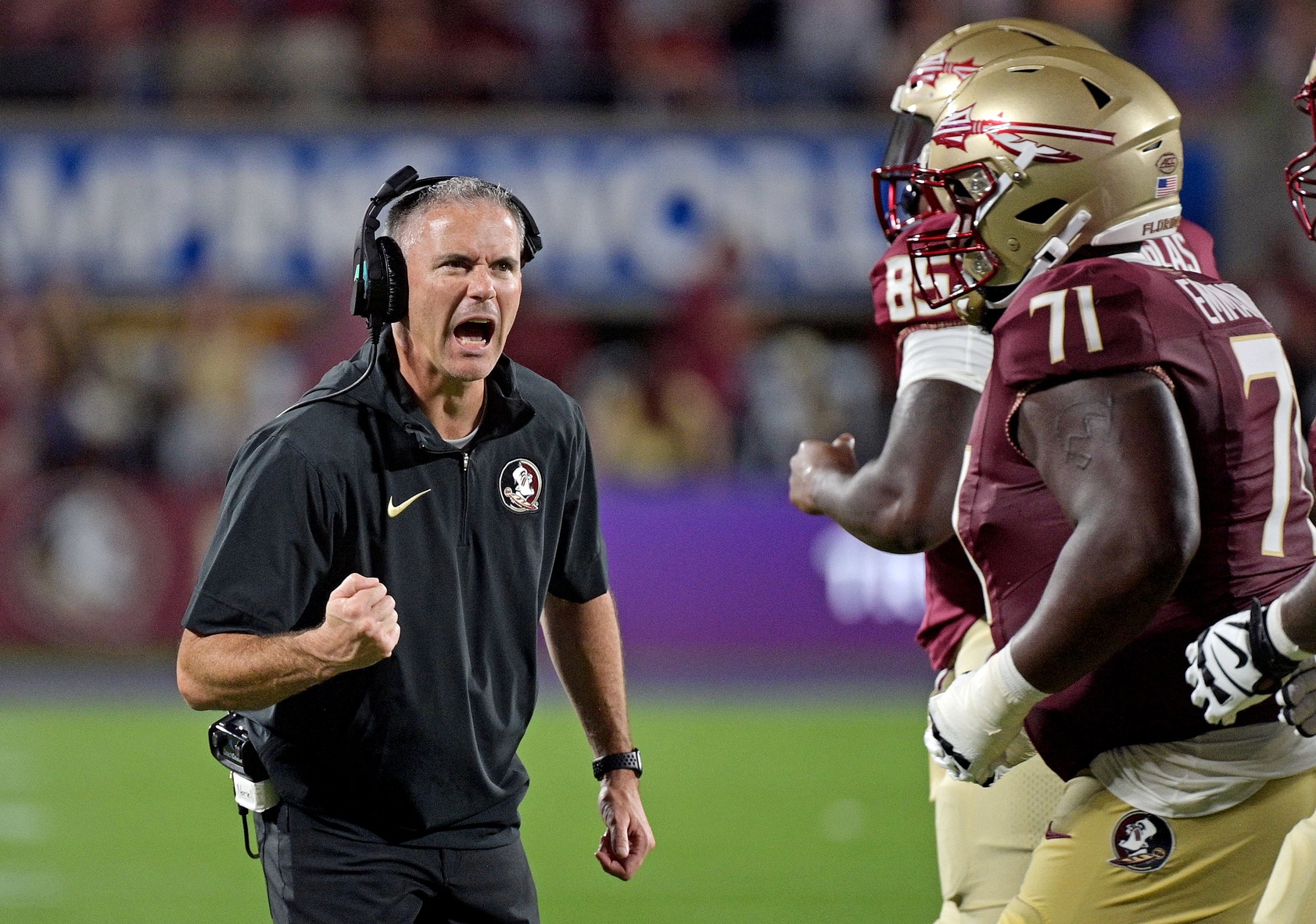 Sep 3, 2023; Orlando, Florida, USA; Florida State Seminoles head coach Mike Norvell is excited during the fourth quarter against the Louisiana State Tigers at Camping World Stadium.