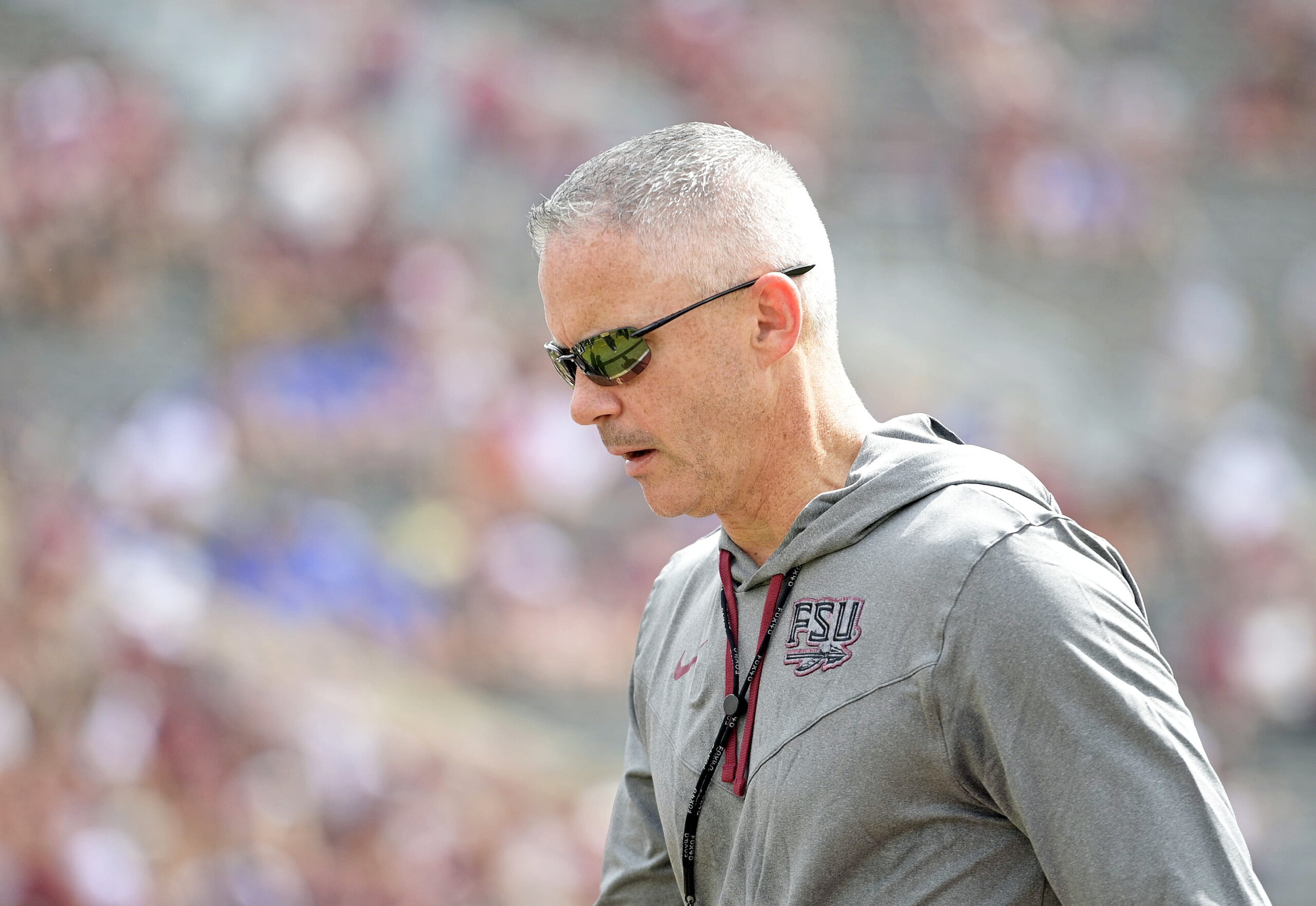 Caption: Sep 14, 2024; Tallahassee, Florida, USA; Florida State Seminoles head coach Mike Norvell before a game against the Memphis Tigers at Doak S. Campbell Stadium.