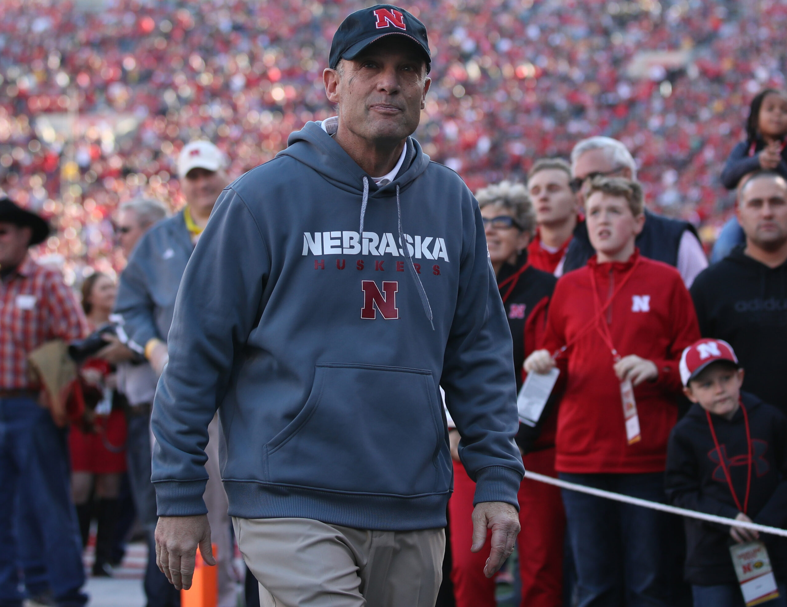 Nov 24, 2017; Lincoln, NE, USA; Nebraska Cornhuskers head coach Mike Riley leaves the field at halftime during their game with the Iowa Hawkeyes at Memorial Stadium.