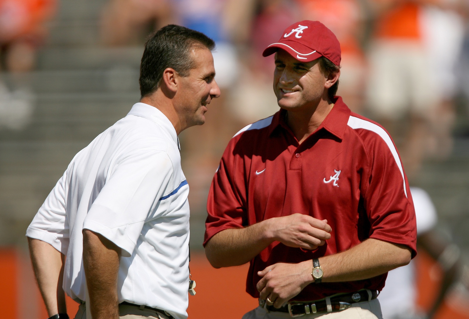 Sep 30, 2006; Gainesville, FL, USA; Florida Gators head coach Urban Meyer meets with Alabama Crimson Tide head coach Mike Shula before a game at Ben Hill Griffin Stadium in Gainesville, FL.
