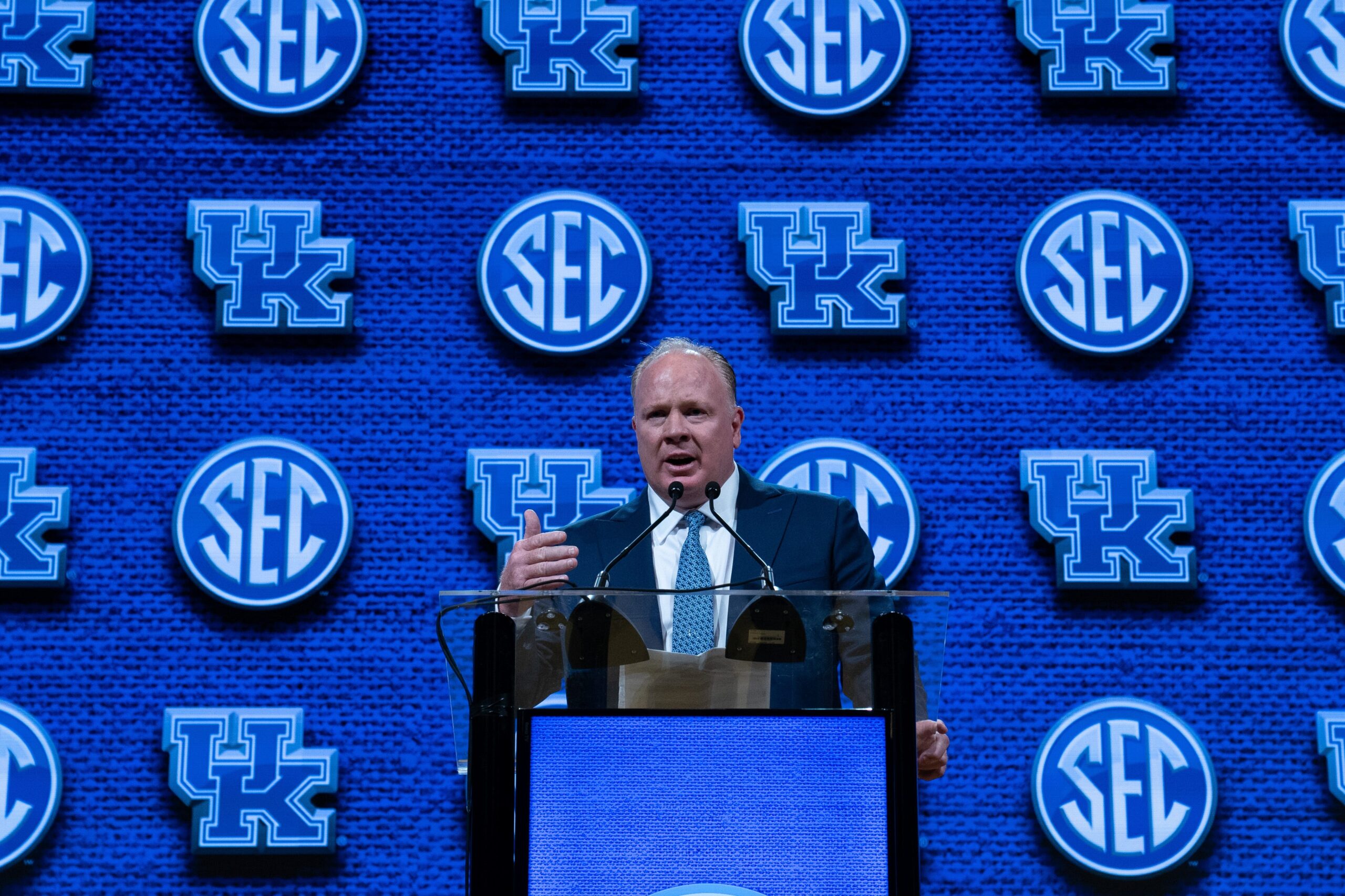 Kentucky Head Coach Mark Stoops speaks at the 2023 SEC Football Kickoff Media Days at the Nashville Grand Hyatt on Broadway, Wednesday, July 19, 2023.