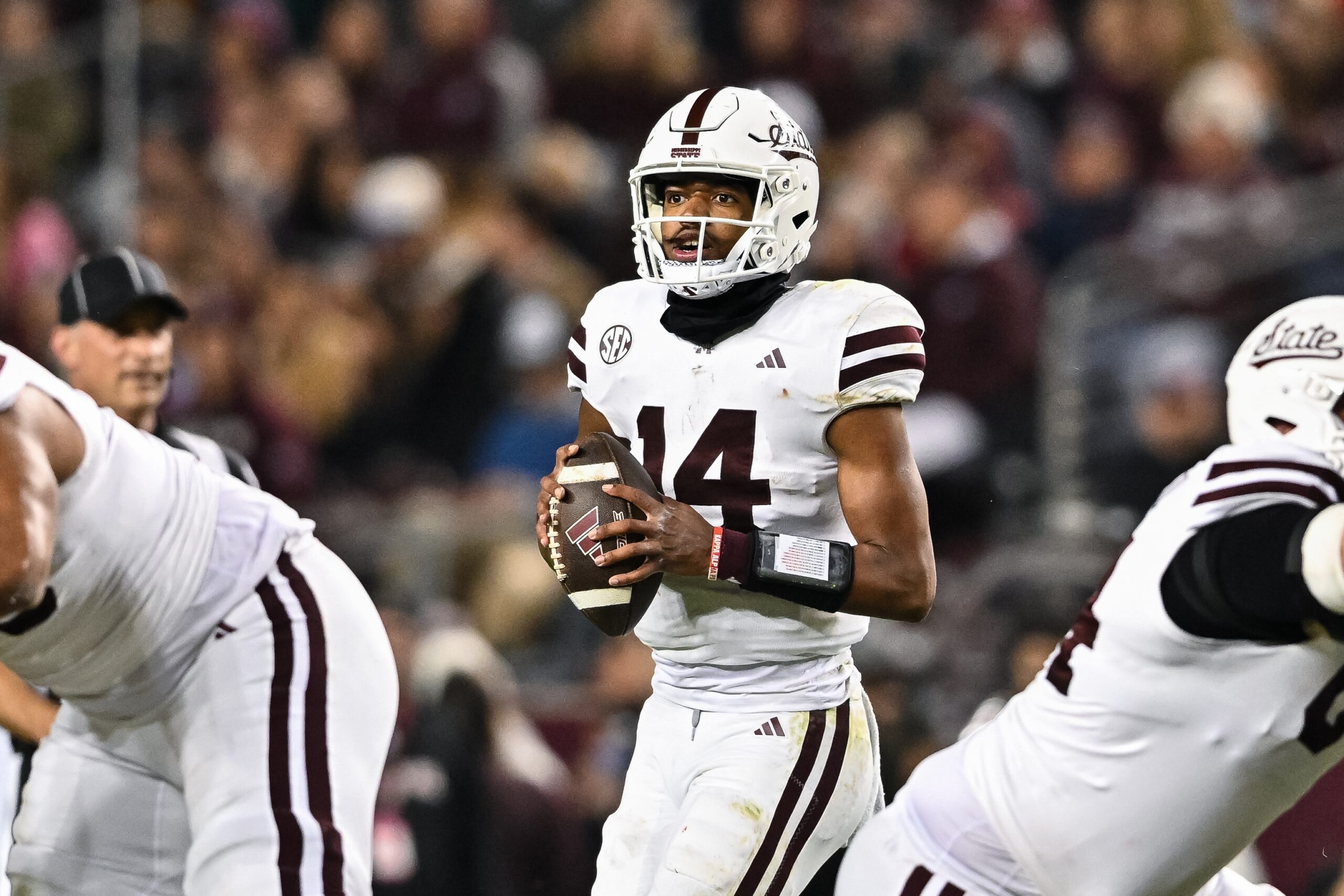 Nov 11, 2023; College Station, Texas, USA; Mississippi State Bulldogs quarterback Mike Wright (14) in action during the fourth quarter against the Texas A&M Aggies at Kyle Field.