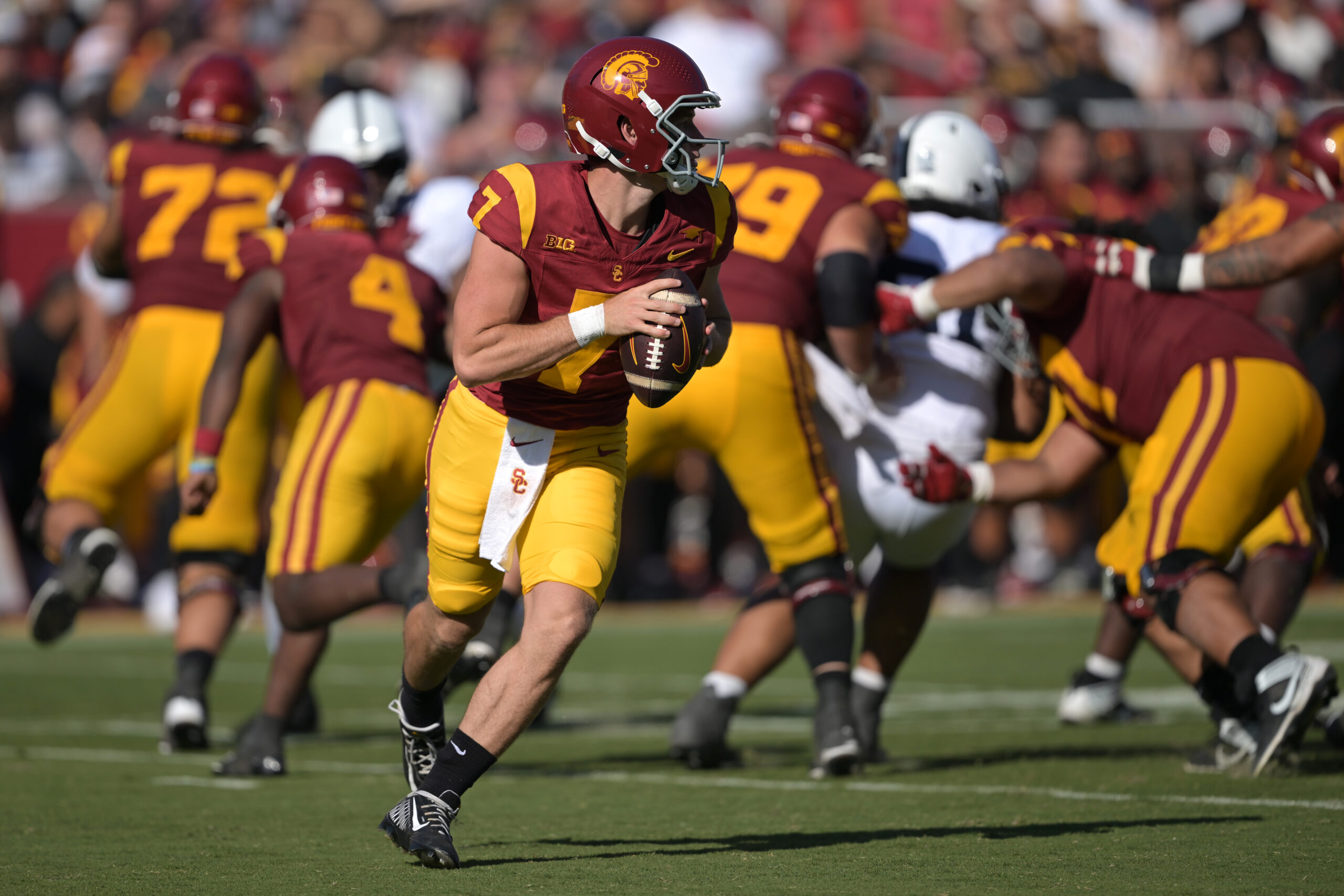 Oct 12, 2024; Los Angeles, California, USA; USC Trojans quarterback Miller Moss (7) looks to throw a pass in the second half against the Penn State Nittany Lions at United Airlines Field at Los Angeles Memorial Coliseum.