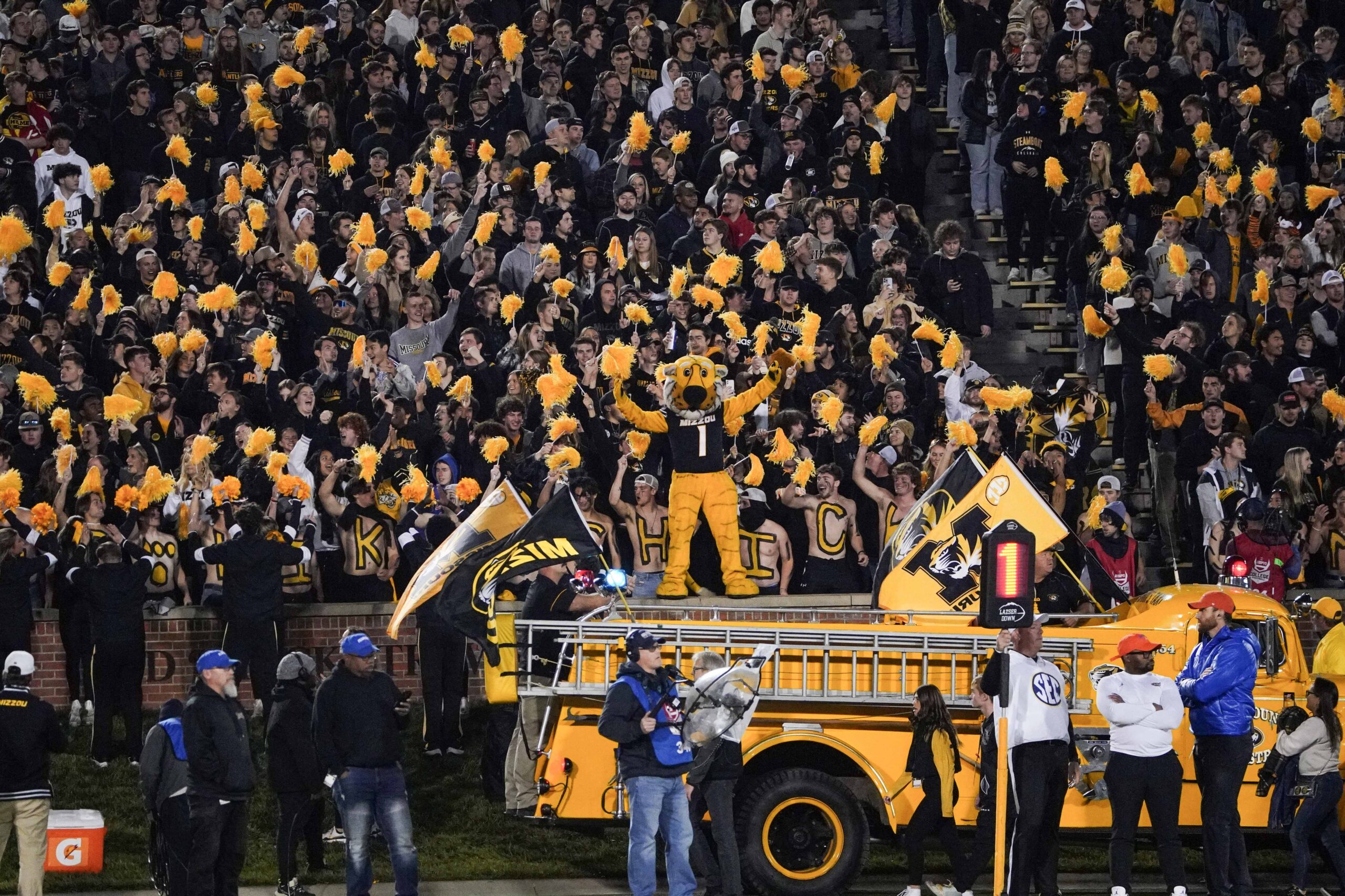 Nov 18, 2023; Columbia, Missouri, USA; The Missouri Tigers mascot Truman and fans show support against the Florida Gators prior to a game at Faurot Field at Memorial Stadium.