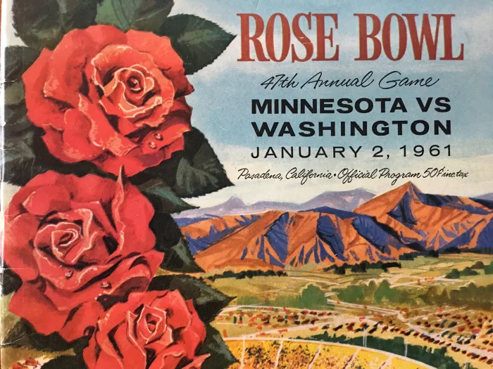 1961 Rose Bowl program featuring No. 6 Washington Huskies defeating #1 Minnesota 17-7 in Pasadena.