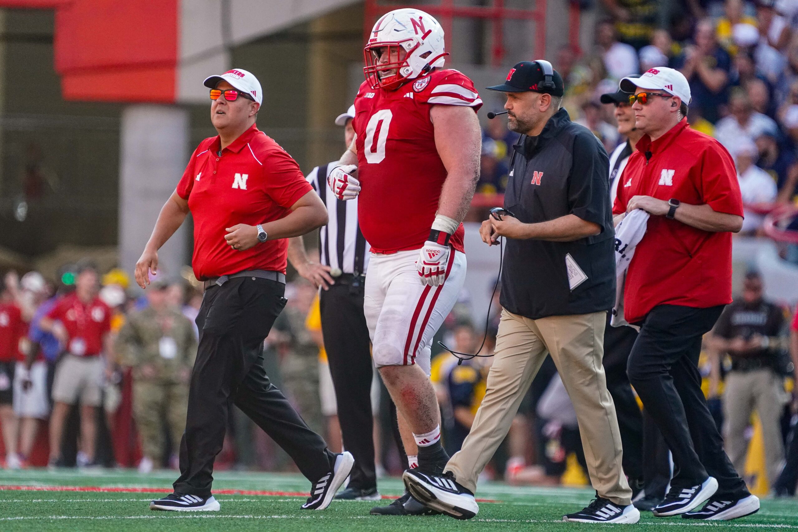 Sep 30, 2023; Lincoln, Nebraska, USA; Nebraska Cornhuskers defensive lineman Nash Hutmacher (0) and Nebraska Cornhuskers head coach Matt Rhule during the third quarter at Memorial Stadium.