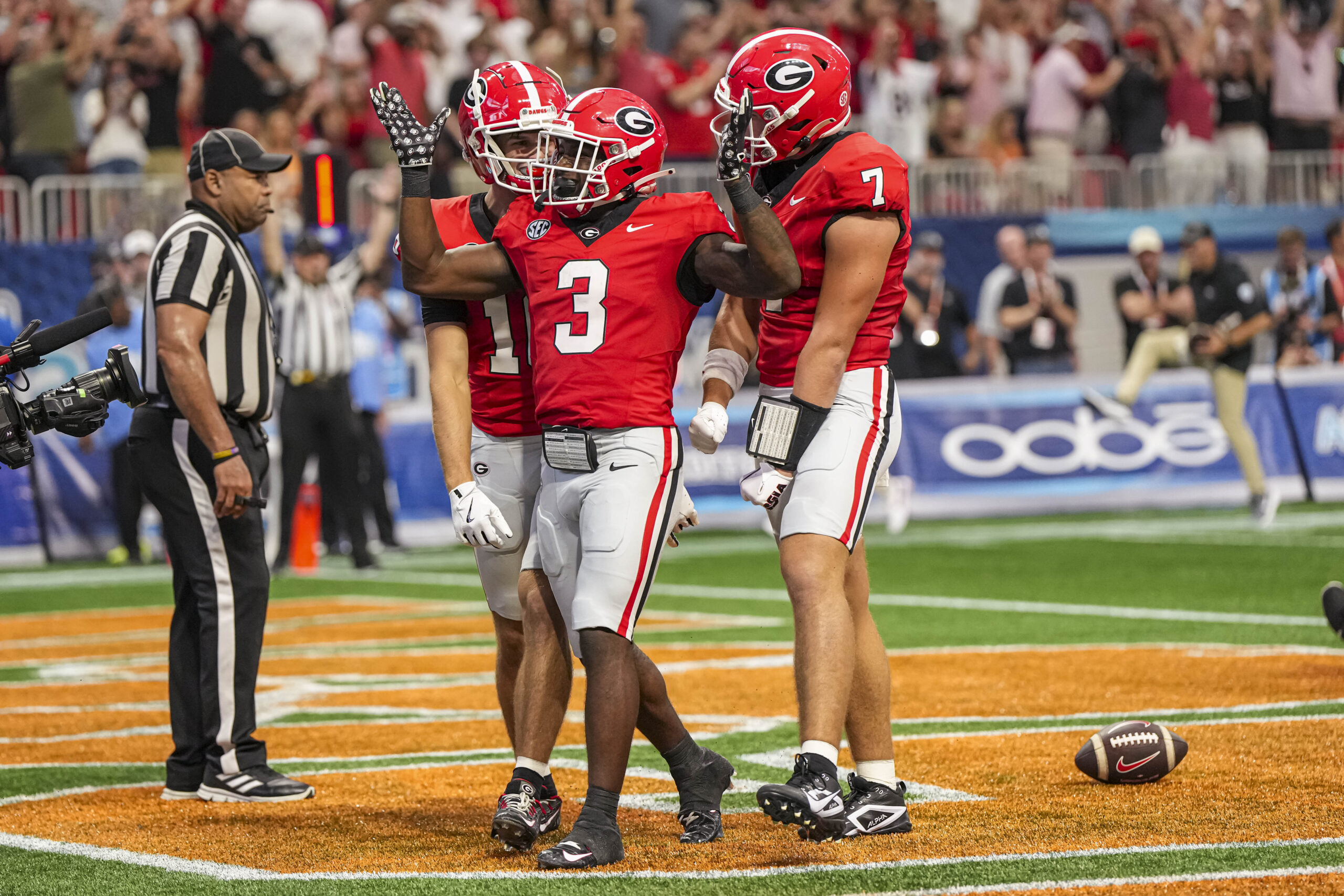 Aug 31, 2024; Atlanta, Georgia, USA; Georgia Bulldogs running back Nate Frazier (3) reacts after scoring a touchdown against the Clemson Tigers during the second half at Mercedes-Benz Stadium.