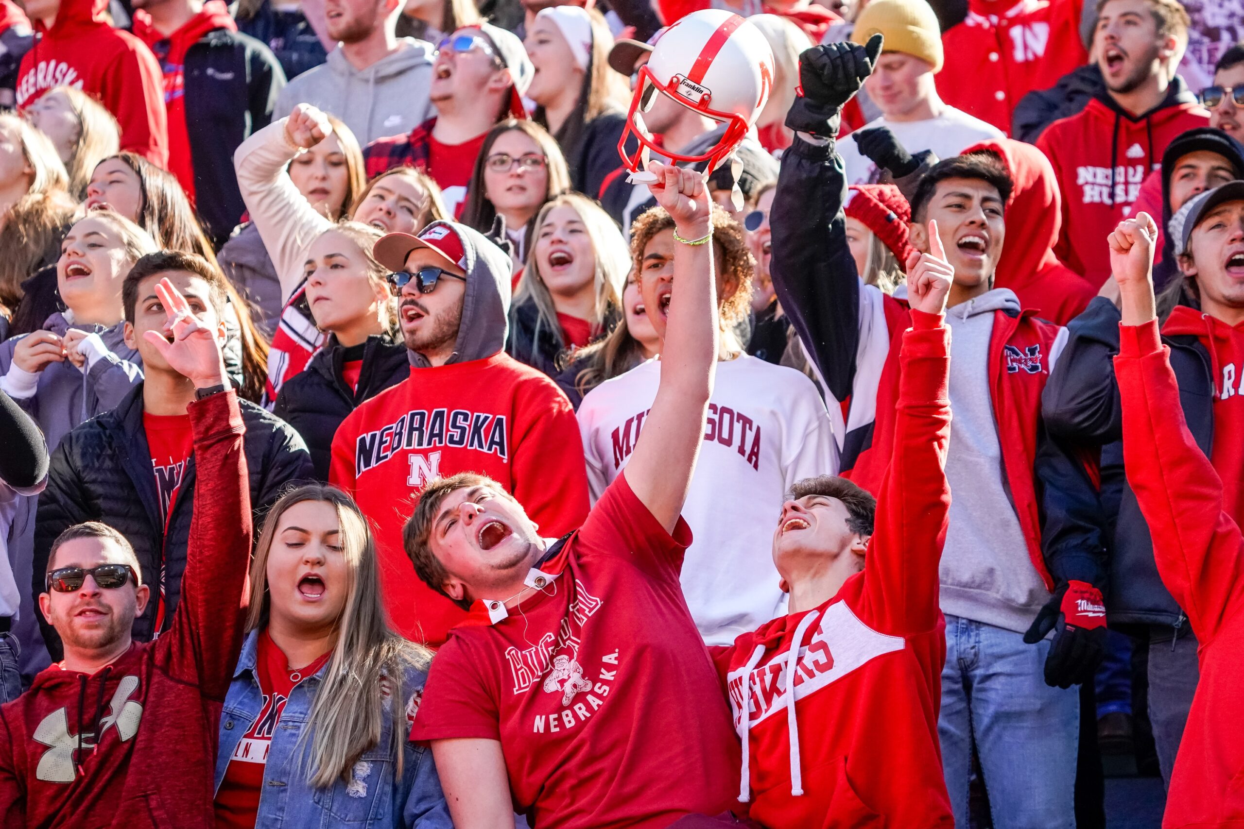 Nov 5, 2022; Lincoln, Nebraska, USA; Nebraska Cornhuskers fans sing at the end of the first quarter against the Minnesota Golden Gophers at Memorial Stadium.