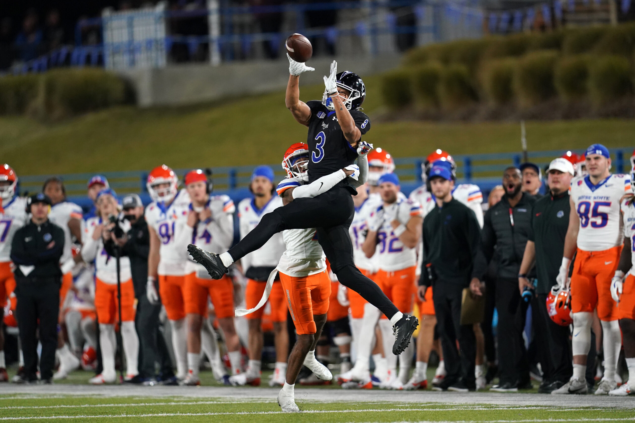 Nov 16, 2024; San Jose, California, USA; San Jose State Spartans wide receiver Nick Nash (3) makes a catch in front of Boise State Broncos cornerback A'Marion McCoy (7) in the third quarter at CEFCU Stadium. 