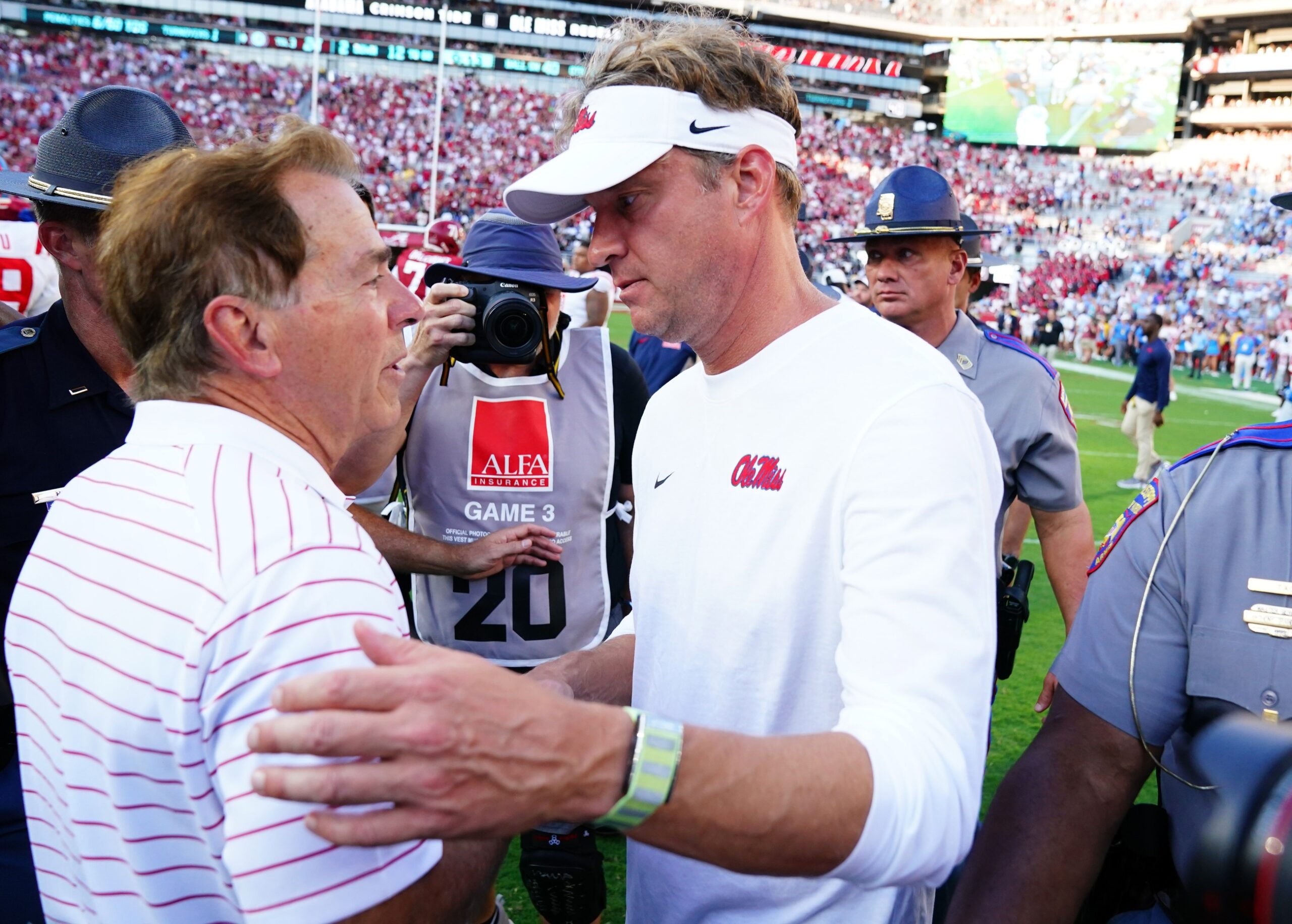 Sep 23, 2023; Tuscaloosa, Alabama, USA; Alabama Crimson Tide head coach Nick Saban greets Mississippi Rebels head coach Lane Kiffin midfield after Alabama defeated the Rebels 24-10 at Bryant-Denny Stadium.