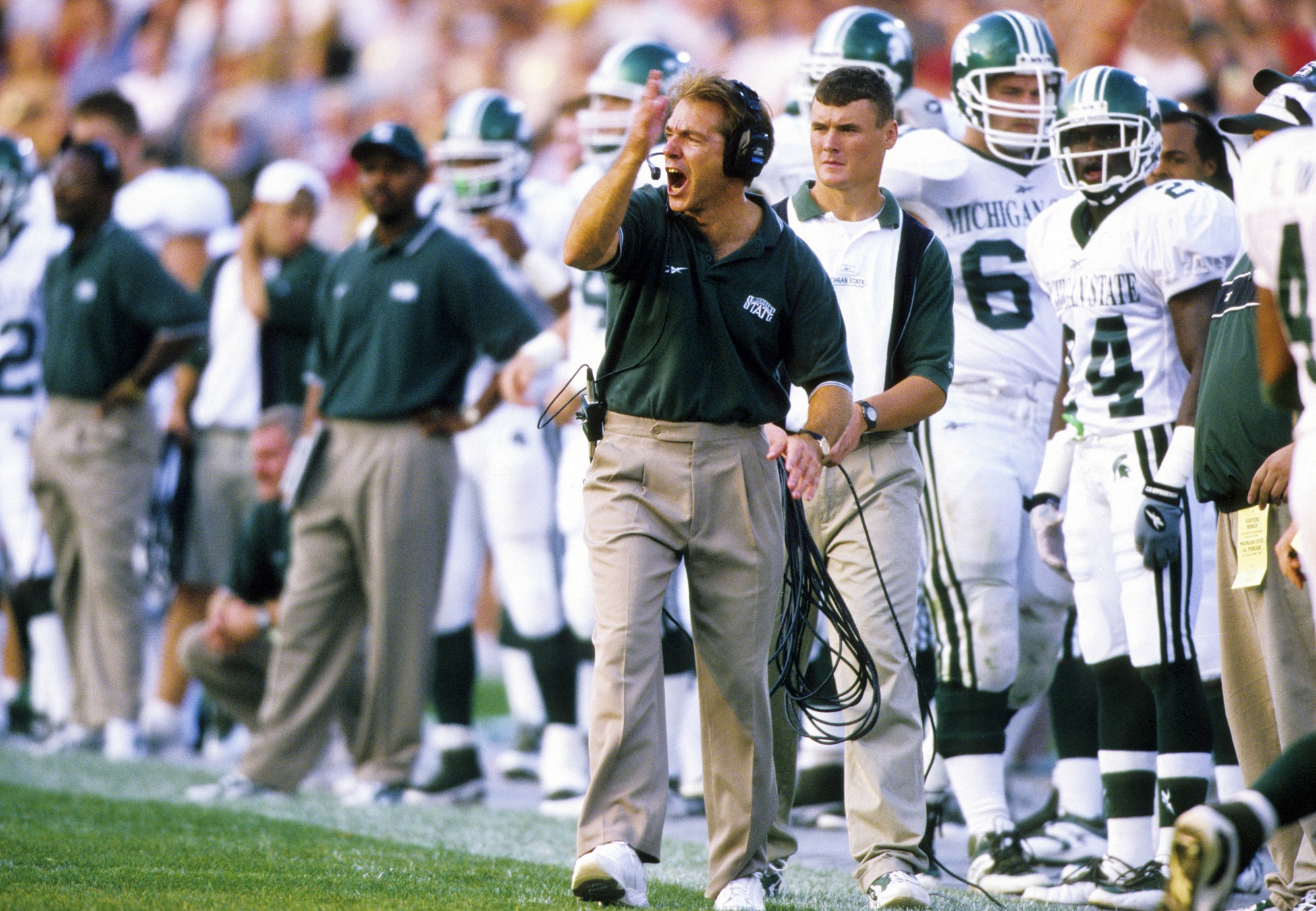 Oct 16, 1999; Wabash, IN, USA; FILE PHOTO; Michigan State Spartans head coach Nick Saban on the sidelines during the game against the Purdue Boilermakers at Ross-Ade Stadium.