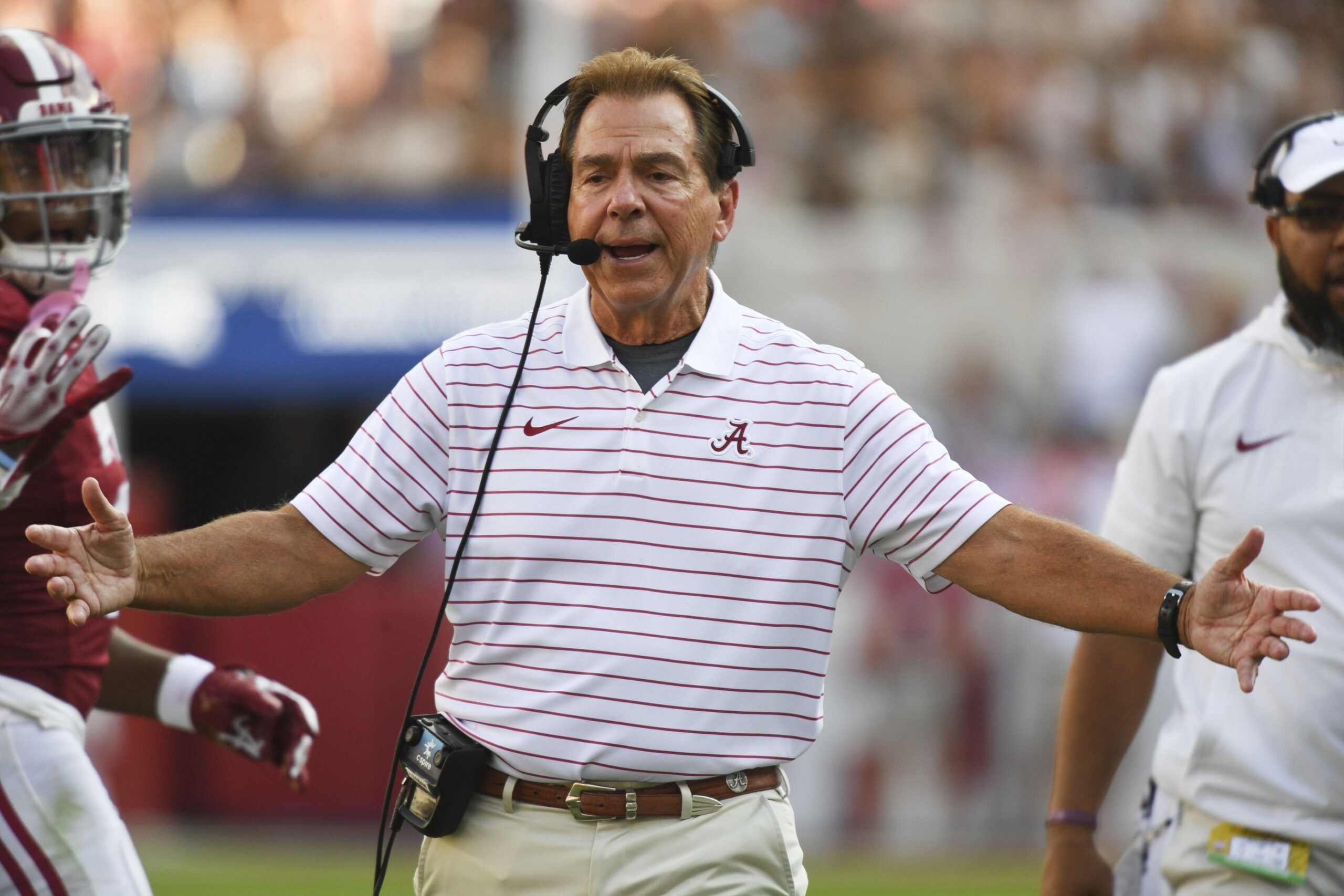Sep 23, 2023; Tuscaloosa, Alabama, USA; Alabama Crimson Tide head coach Nick Saban questions a call by an official during the game with Mississippi at Bryant-Denny Stadium. Alabama defeated Mississippi 24-10.